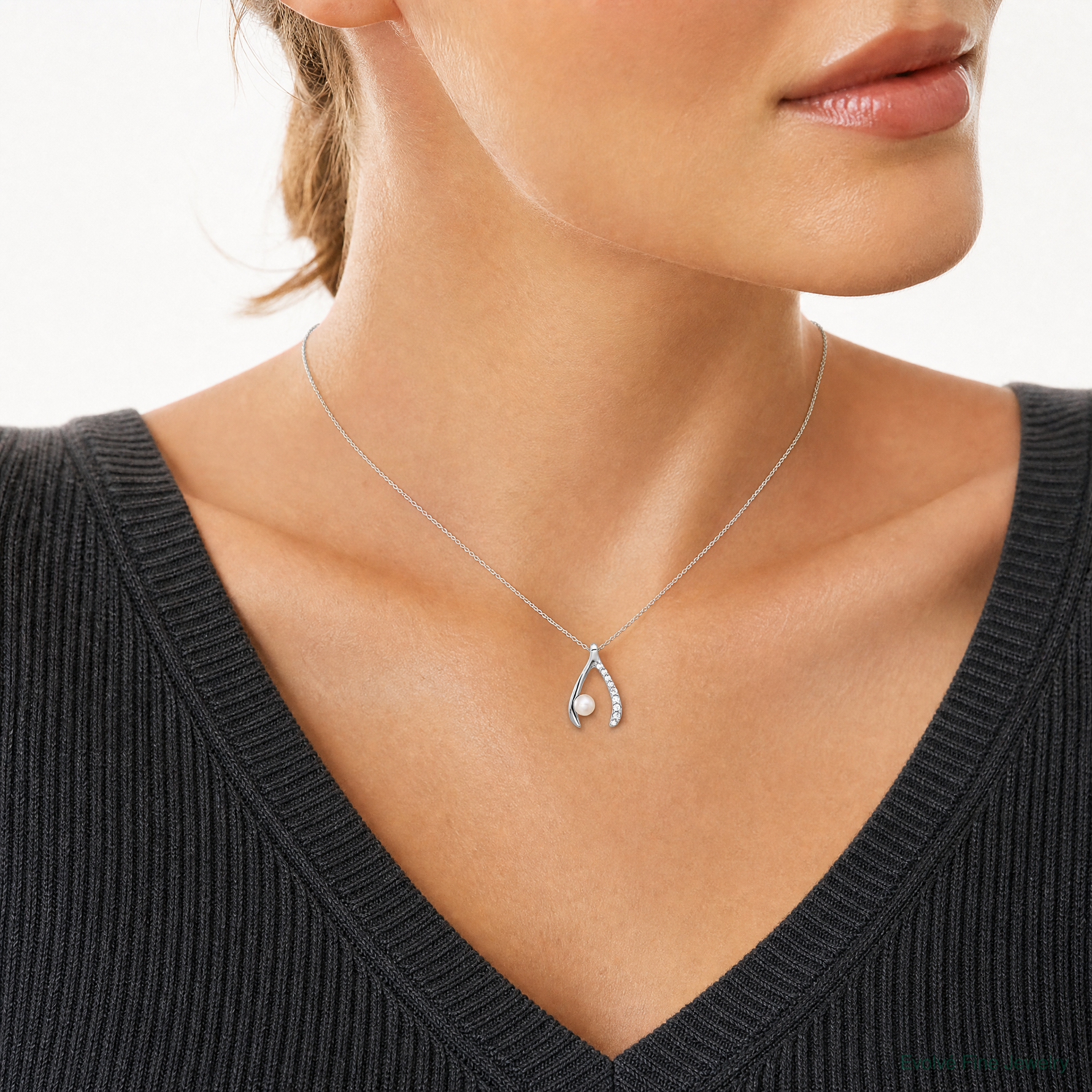 Sterling Silver Rh-plated FWC Pearl/CZ Wishbone Chain Slide Pendant - Model Shot