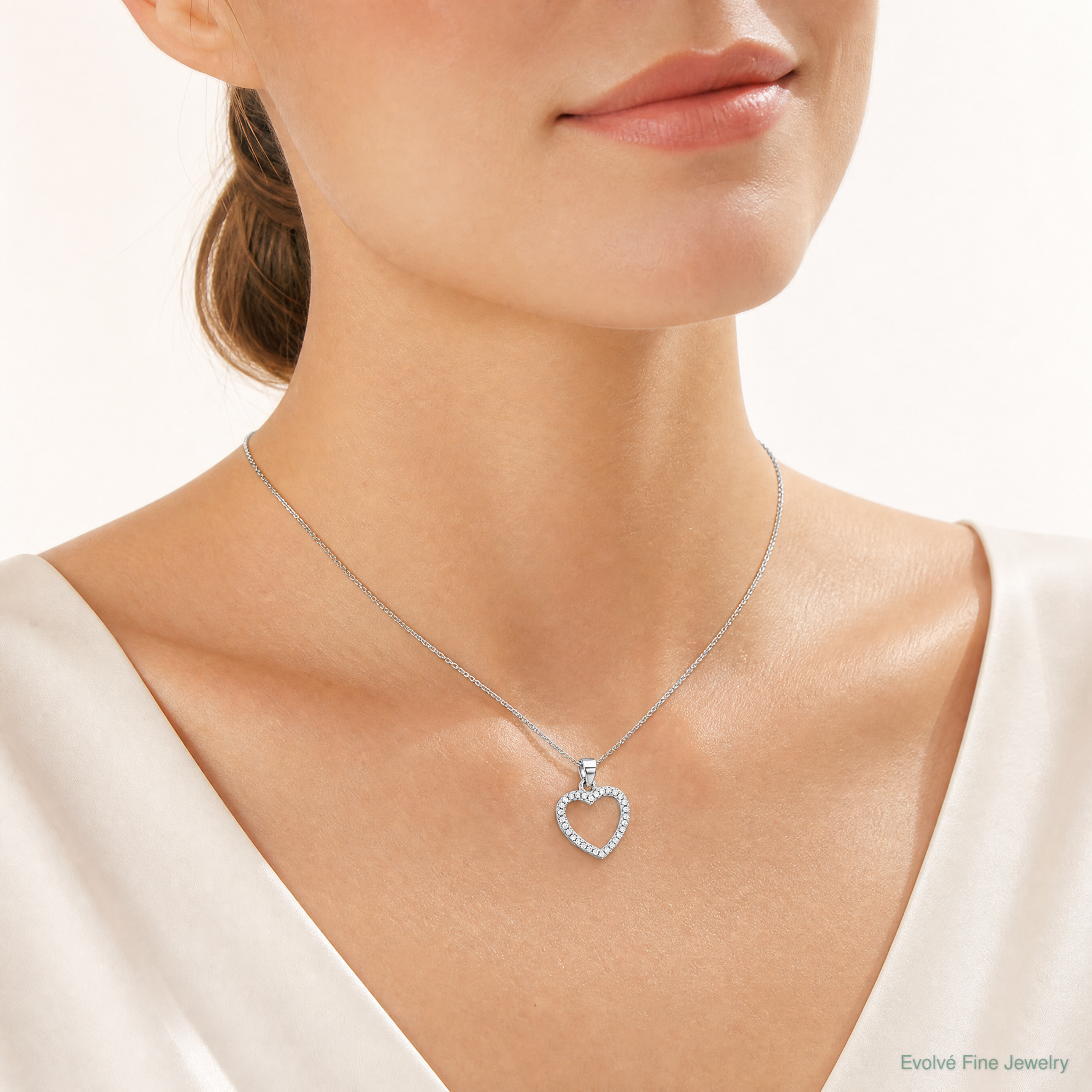 Sterling Silver Rhodium-plated CZ Heart Pendant - Model Shot