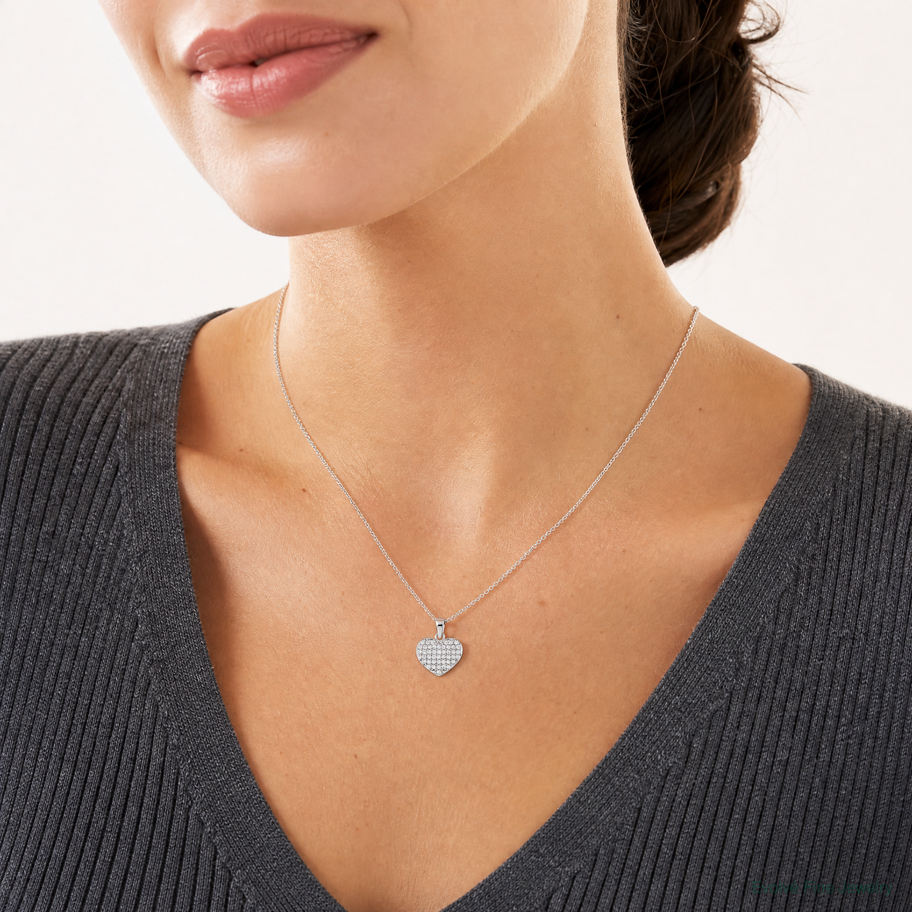 Sterling Silver Rhodium-plated Polished and CZ Pave Heart Pendant - Model Shot