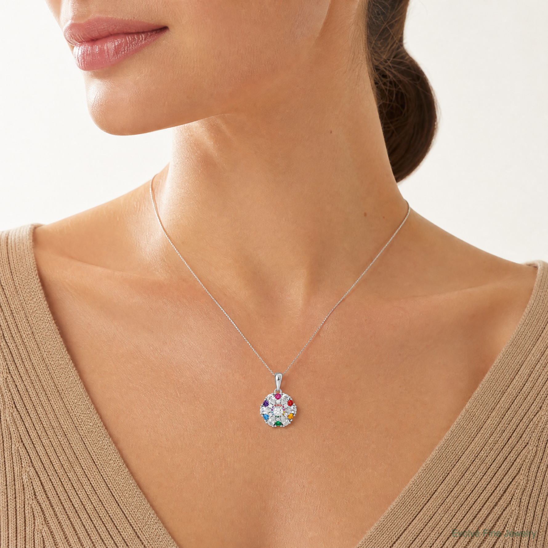 Sterling Silver Rhodium-pltd Rainbow Nano Crystal &Clear CZ Floral Pendant - Model Shot