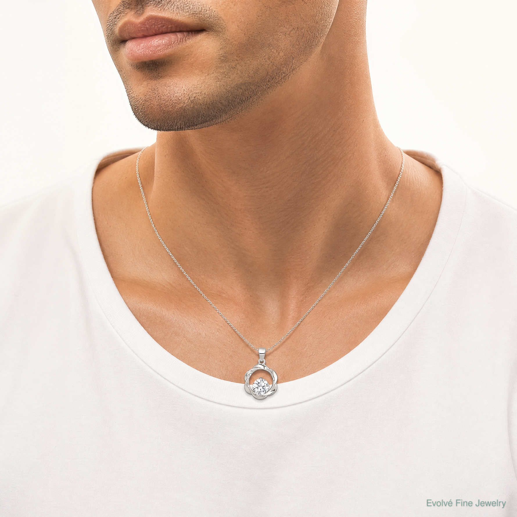 Sterling Silver Polished CZ Twisted Circle Pendant - Model Shot