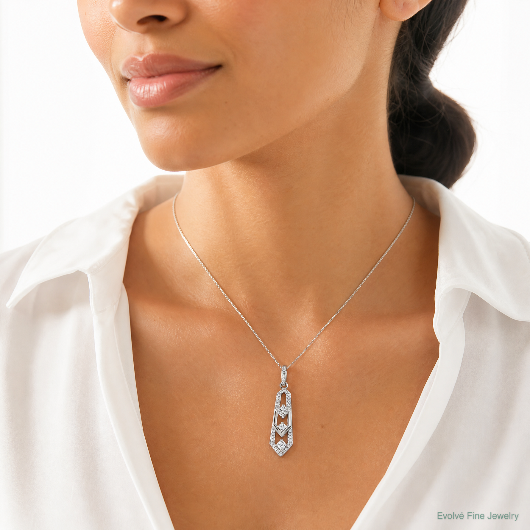 Sterling Silver Rhodium-plated CZ 3 Pointed Pendant - Model Shot