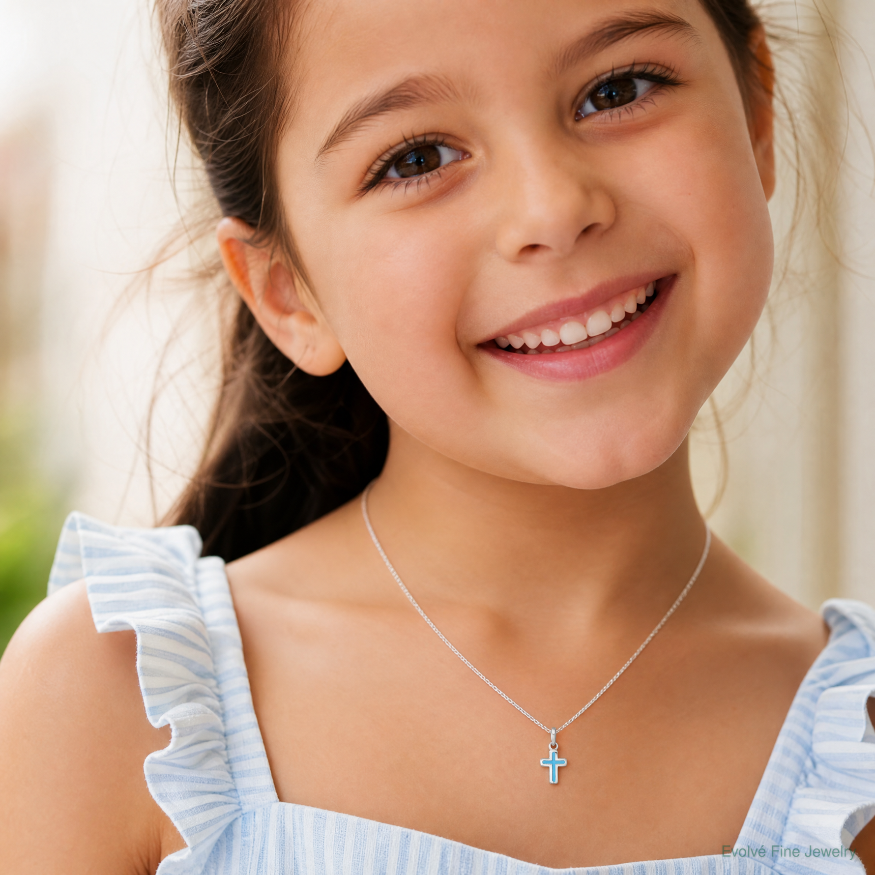 Sterling Silver Rhodium-plated Children's Enamel Blue Cross Pendant - Model Shot