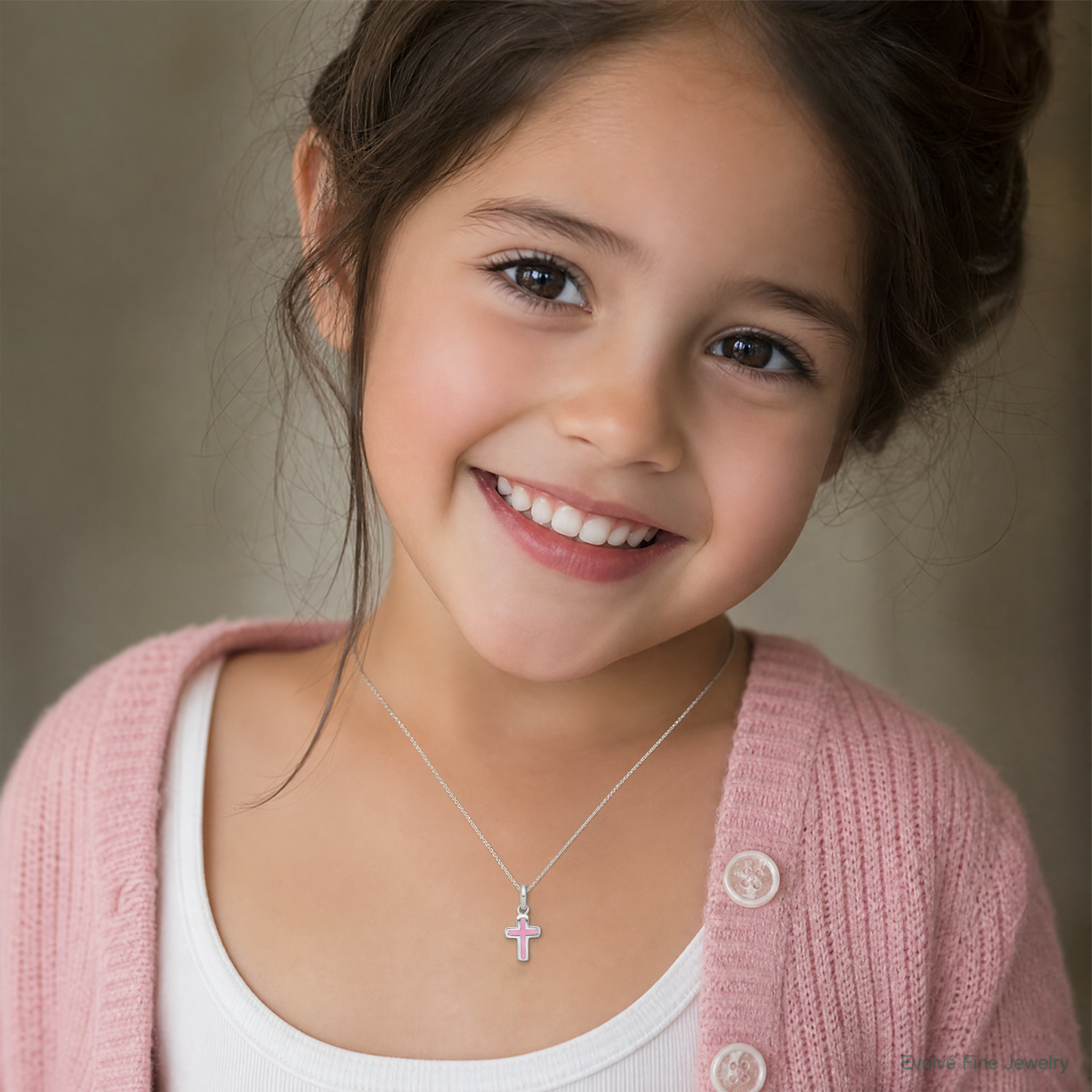 Sterling Silver Rhodium-plated Children's Enamel Pink Cross Pendant - Model Shot