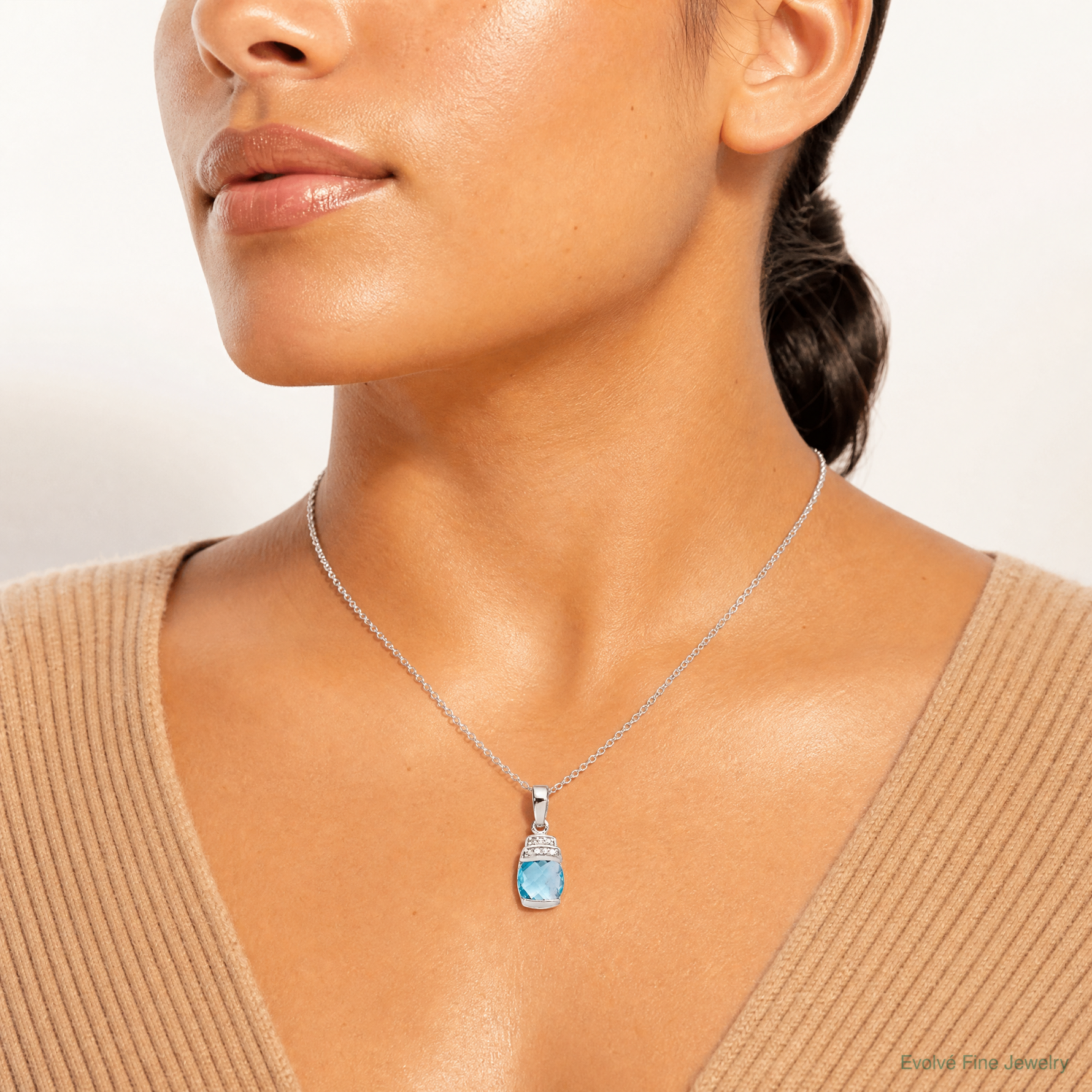 Sterling Silver Rhodium-plated Blue CZ Pendant - Model Shot