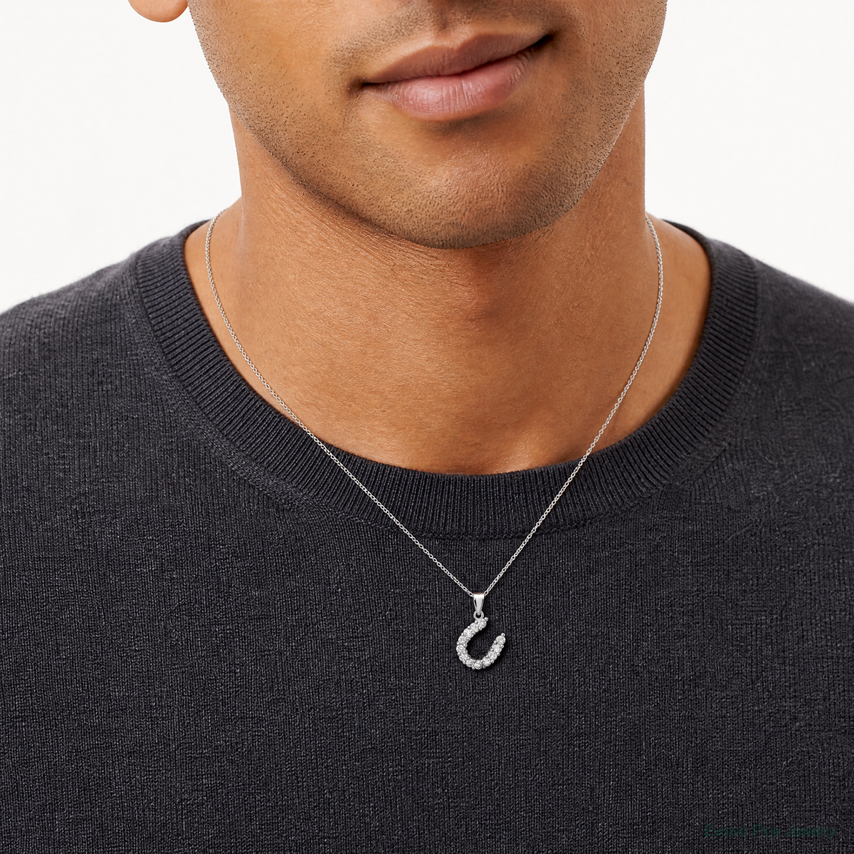 Sterling Silver Rhodium-plated Horseshoe CZ Pendant - Model Shot