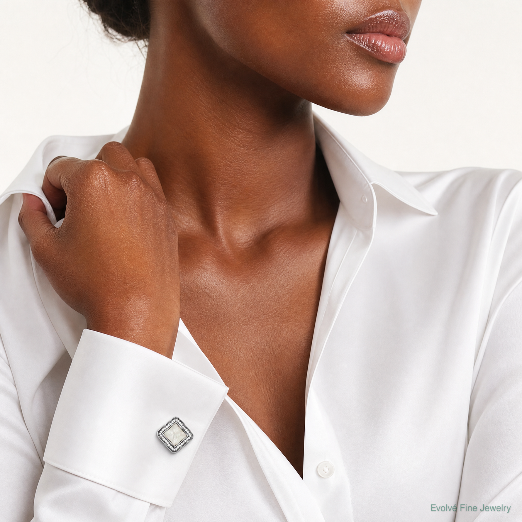 Sterling Silver Rhodium-plated CZ and Mother of Pearl Square Cuff Links - Model Shot