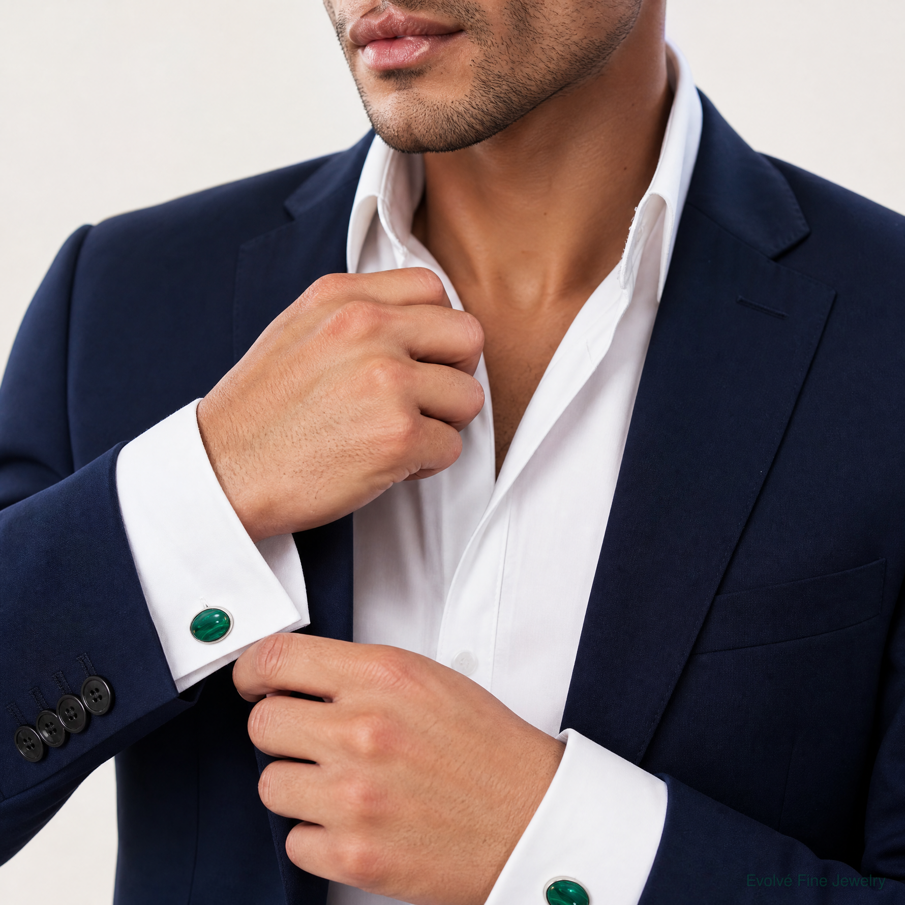 Sterling Silver Polished Malachite Oval Cuff Links - Model Shot