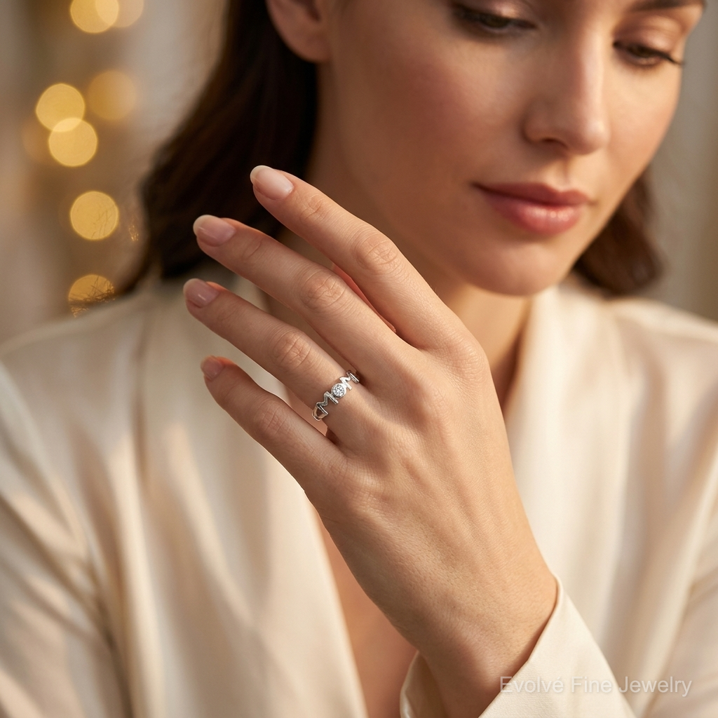 Sterling Silver & CZ Polished Mom Ring - Model Shot