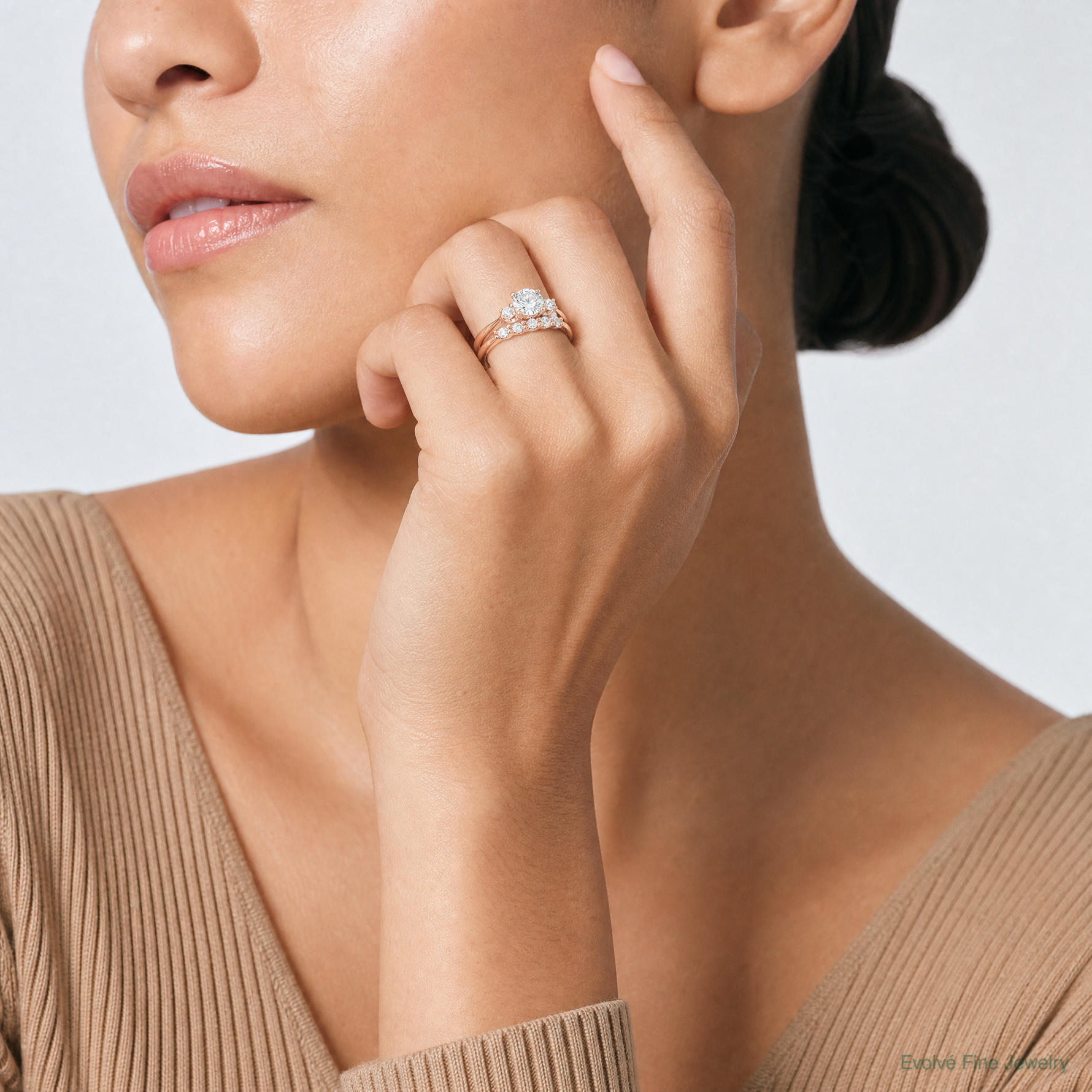 Sterling Silver Rose Gold-Plated Polished CZ Engagement Ring and Band Set - Model Shot