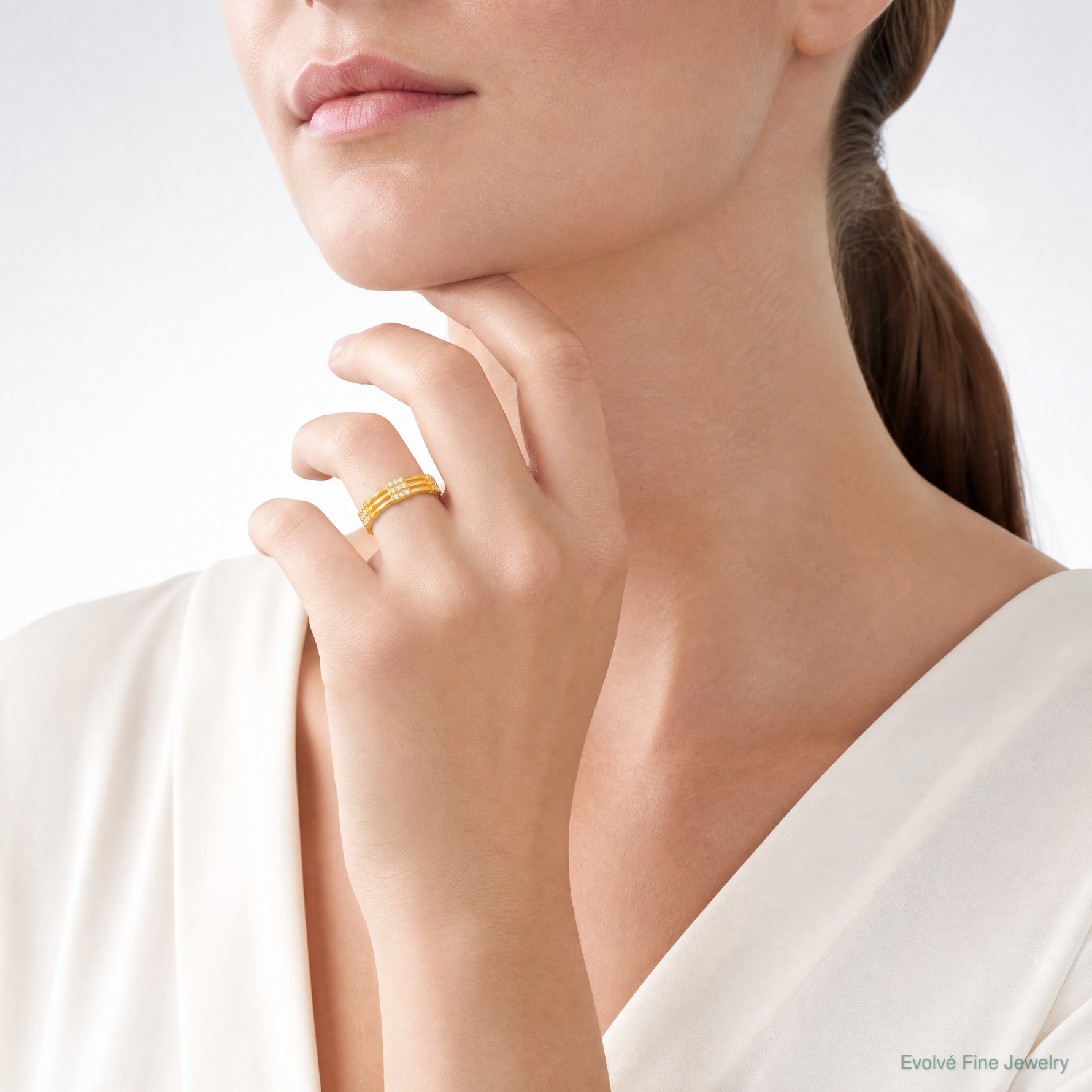 Sterling Silver Gold-tone Polished CZ 3-Row Eternity Ring - Model Shot