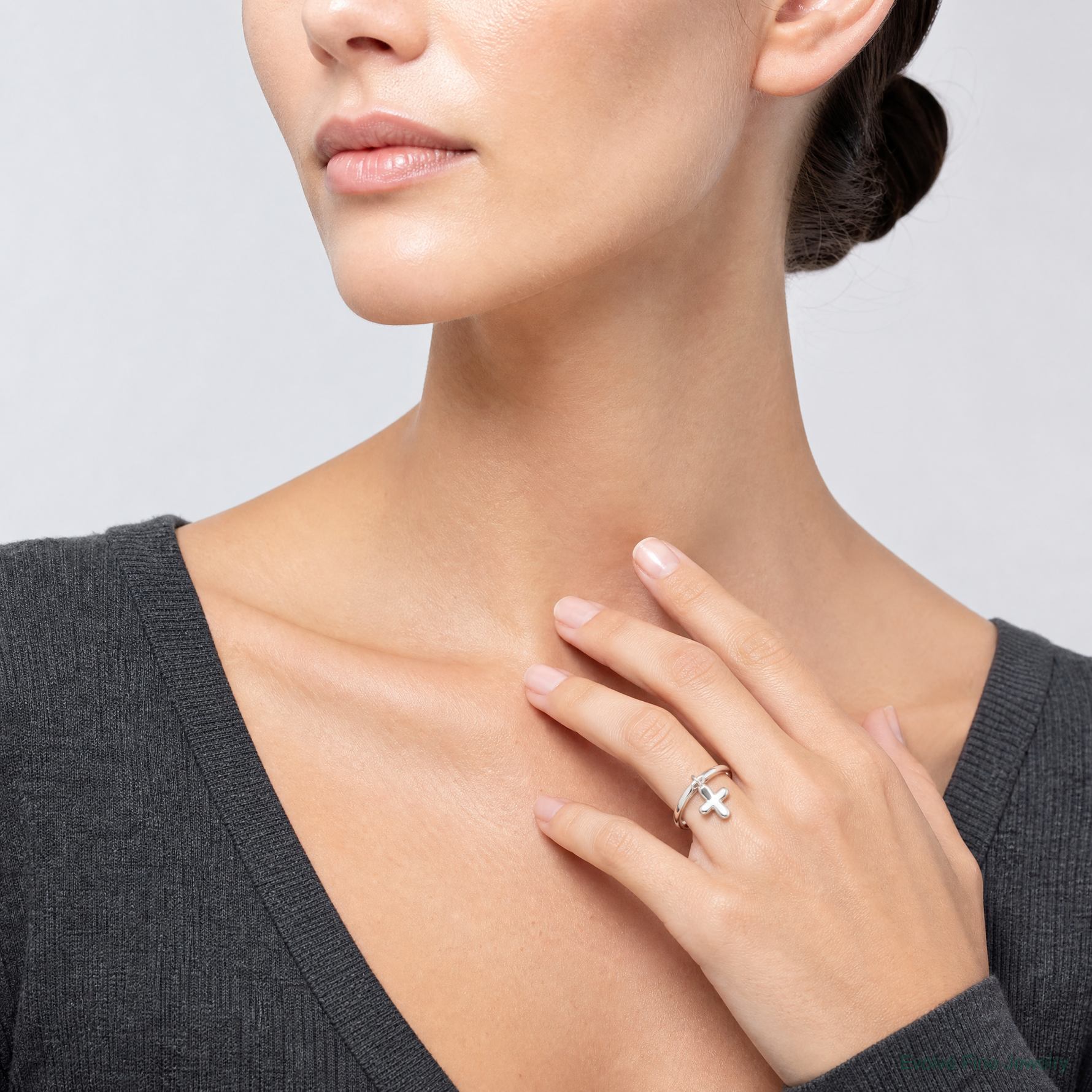 Sterling Silver Solid Cross Dangle Ring - Model Shot