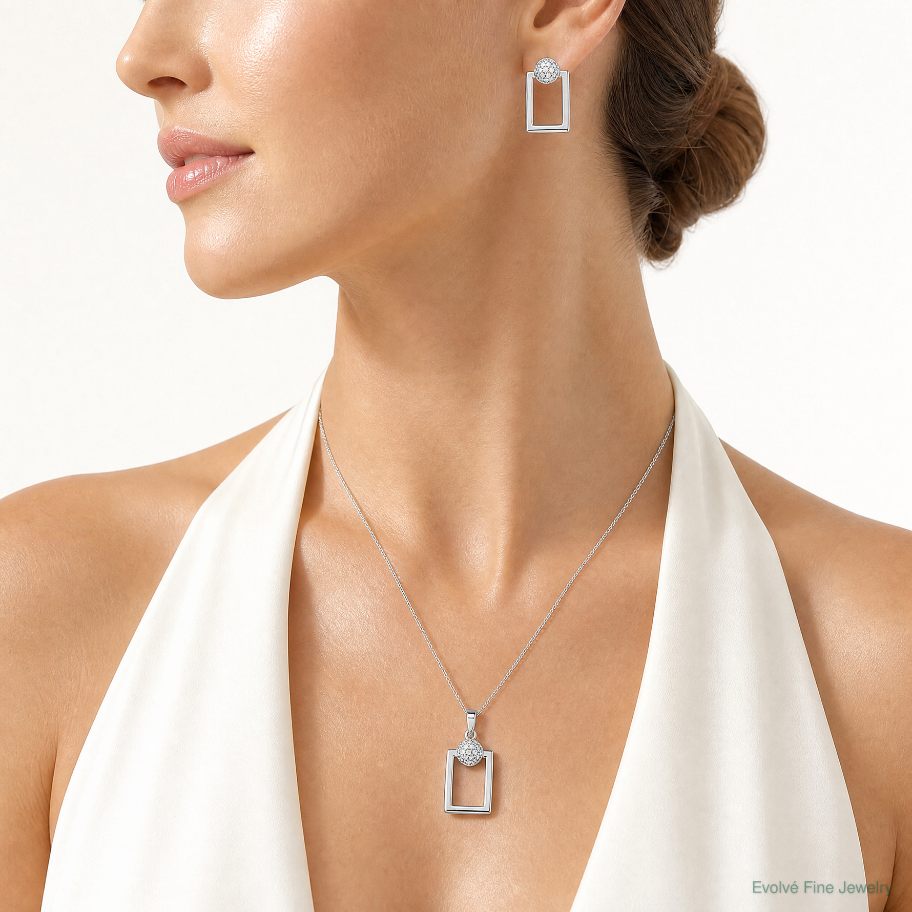 Sterling Silver RH-plated Micro Pave CZ Rectangle Earrings and Pendant Set - Model Shot