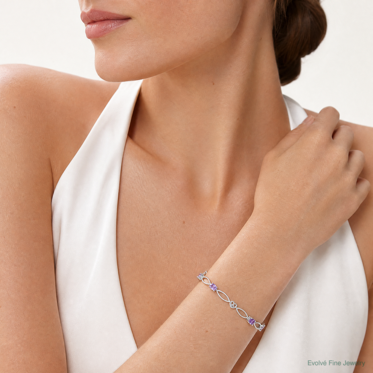 Sterling Silver Rhodium-plated Diamond & Amethyst Oval D/C Bracelet - Model Shot