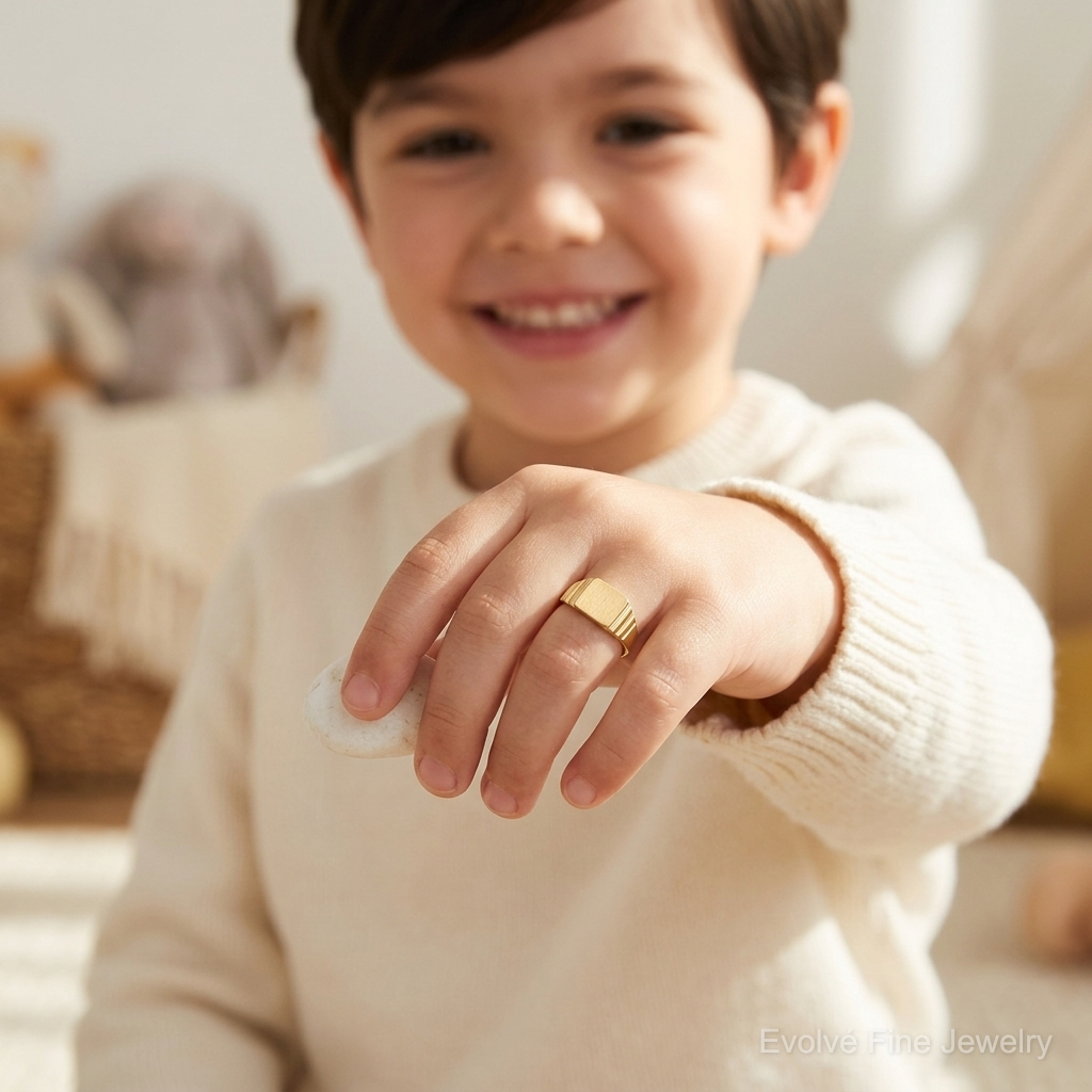 14K Rectangular Satin Baby Signet Ring - Model Shot