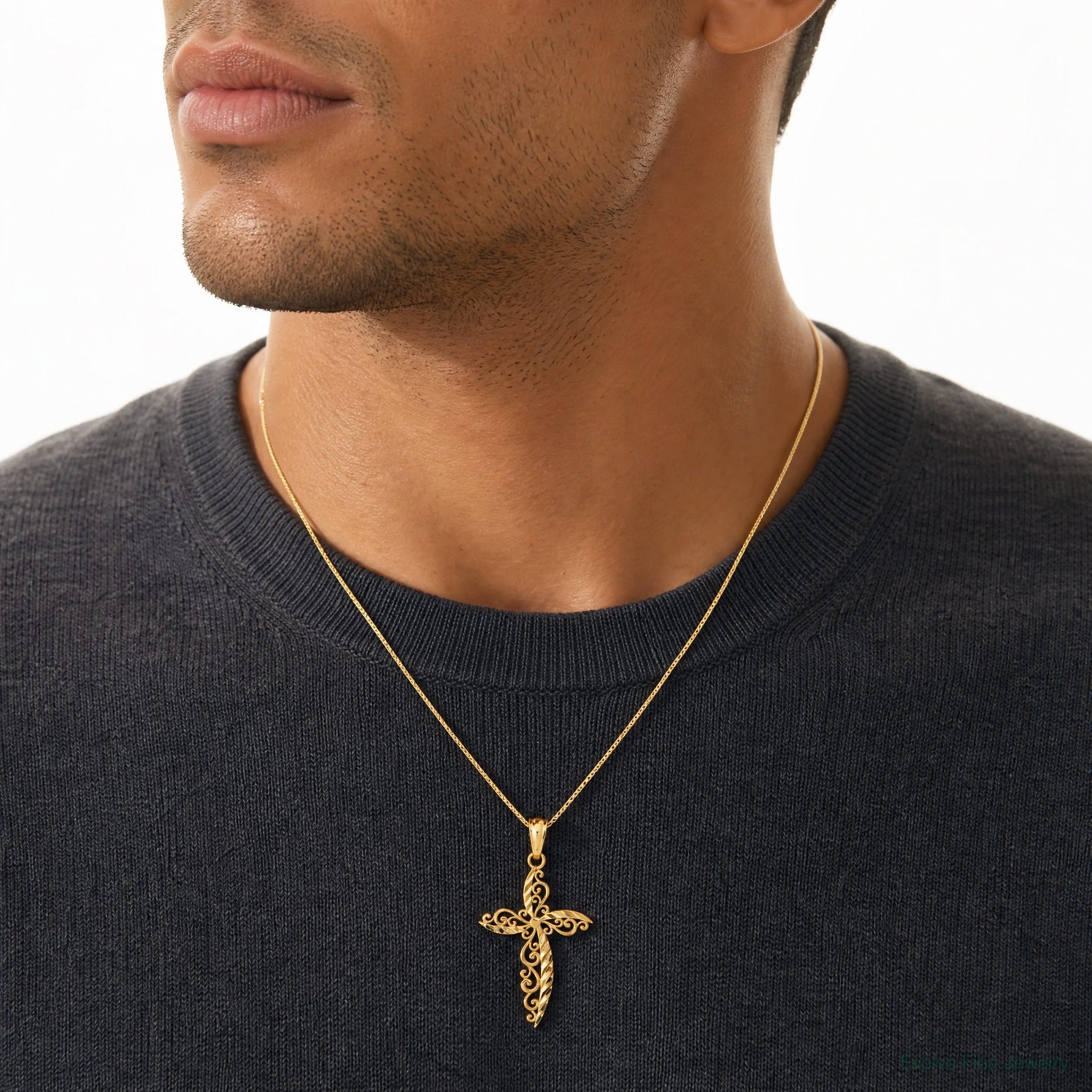 14k Scroll Design Cross Pendant - Model Shot