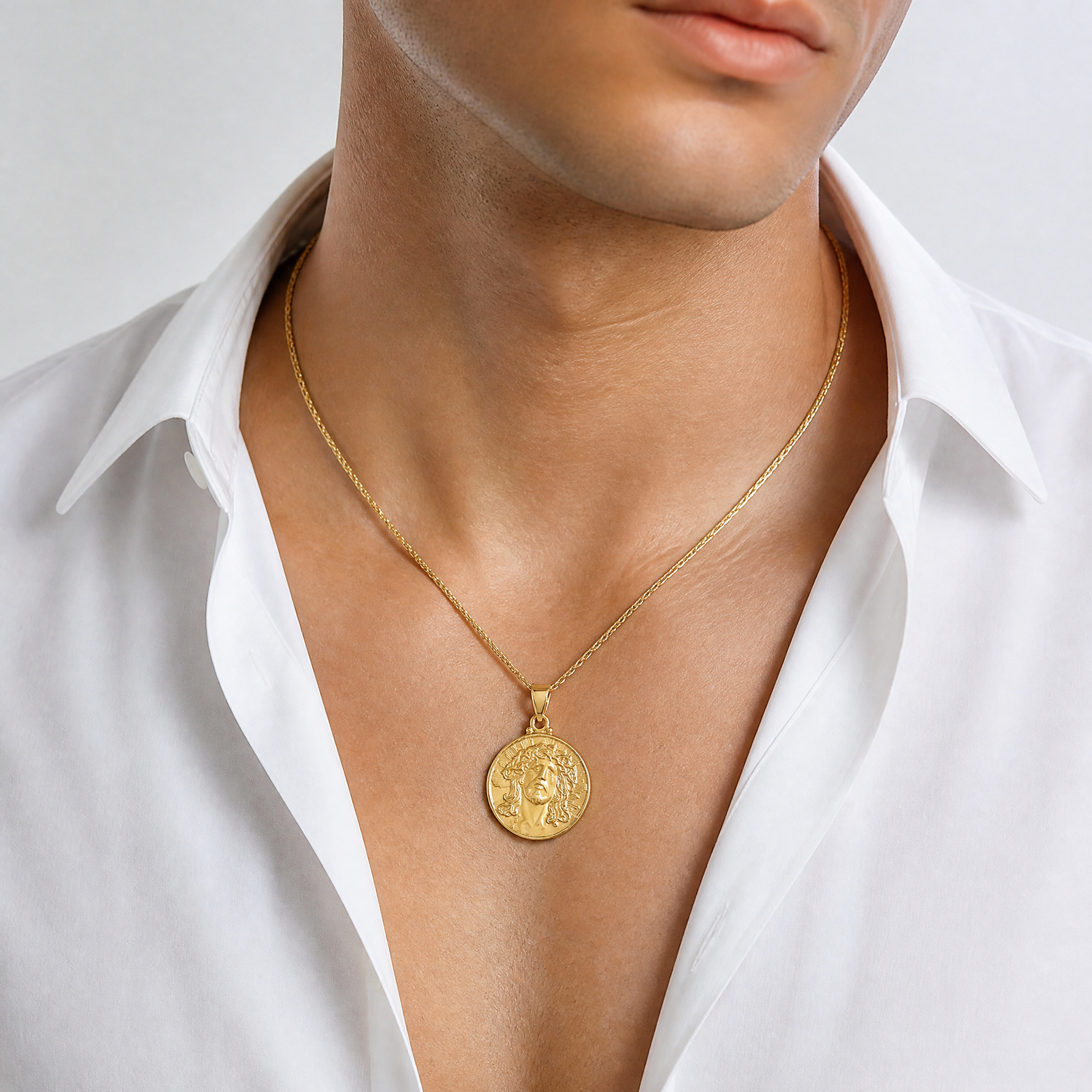 14k Head of Christ Medal Hollow Round Pendant - Model Shot