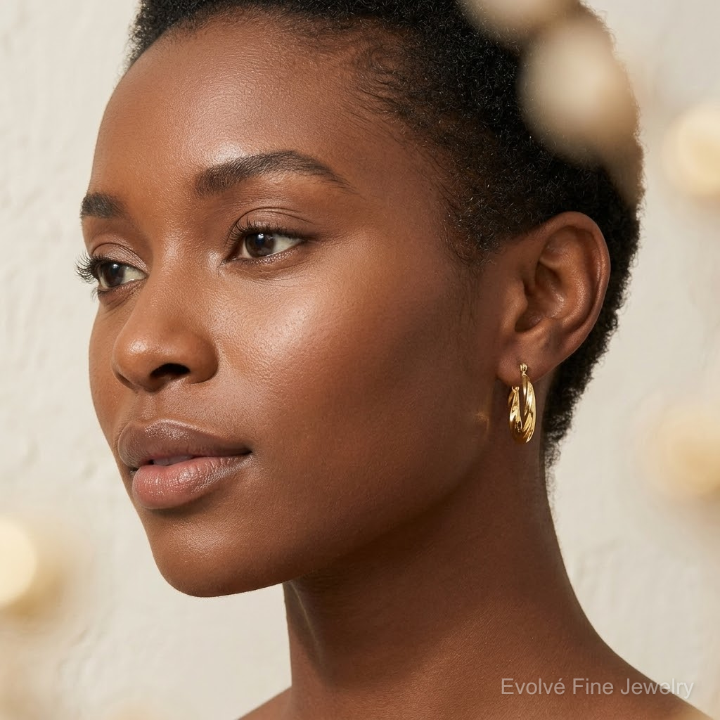 14k Polished Twisted Hollow Hoop Earrings - Model Shot