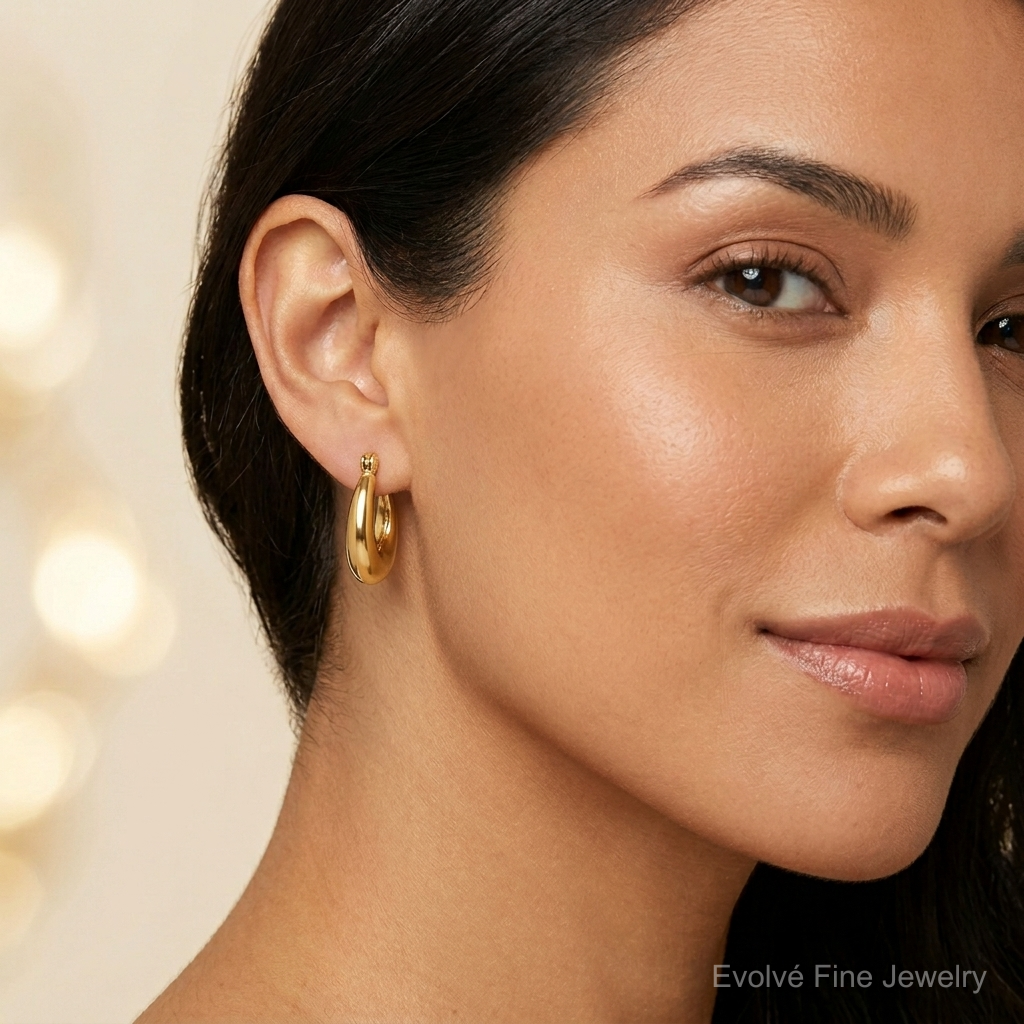 14k Polished Oval Hollow Hoop Earrings - Model Shot