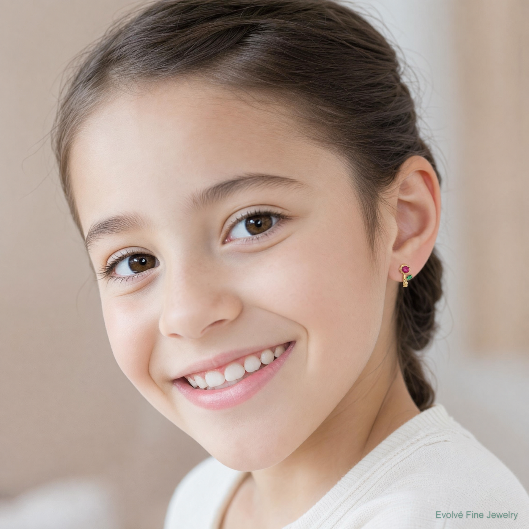 14k Madi K Polished Red & Green CZ Flower Hoops - Model Shot