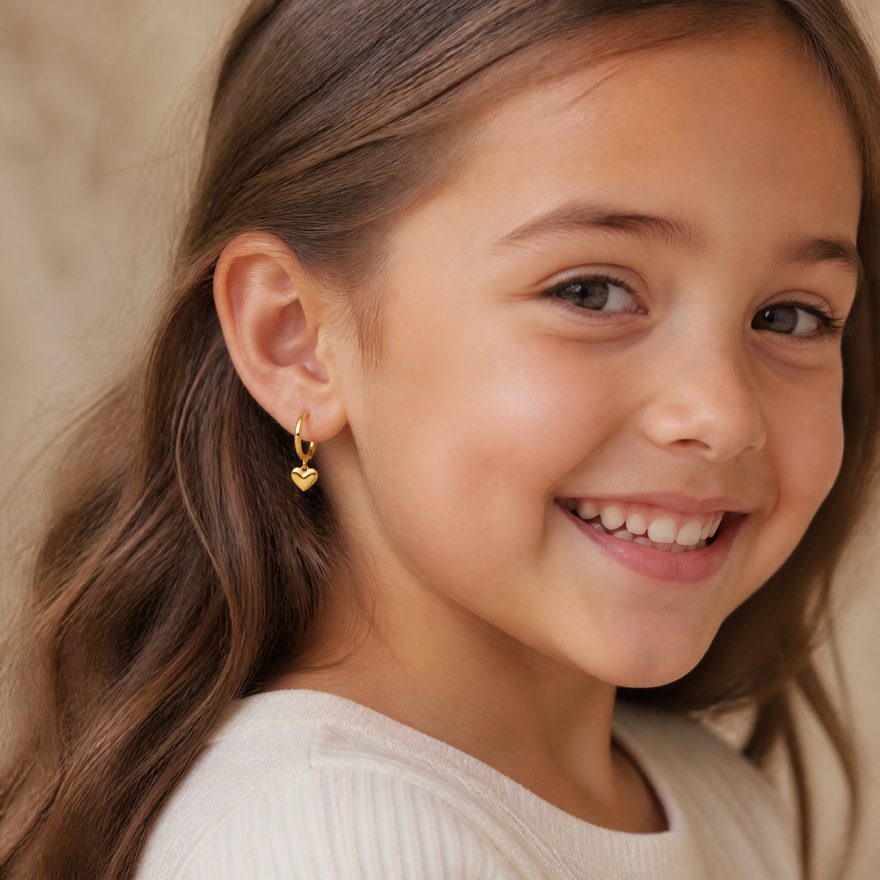 14k Madi K Polished Heart Dangle Huggie Hoop Earrings - Model Shot