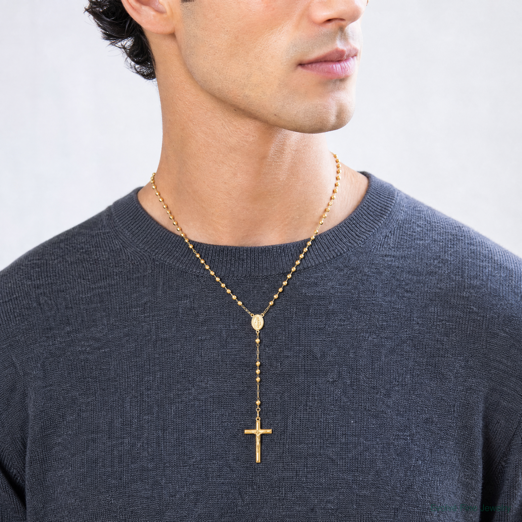 14k 4mm Mirror Beaded Semi-solid Rosary 24 inch Necklace - Model Shot