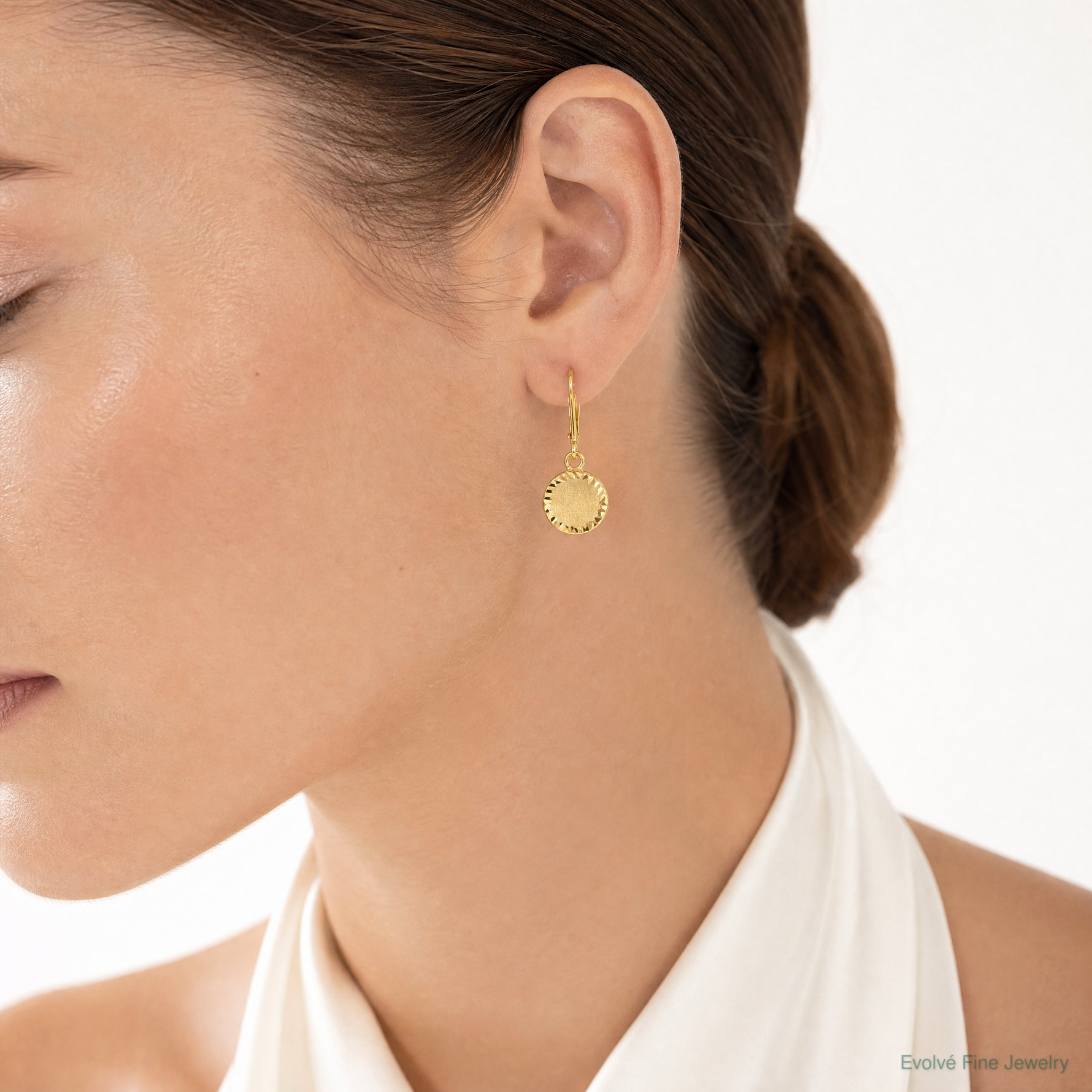 14k Brushed and Polished Diamond-cut Circle Leverback Earrings - Model Shot