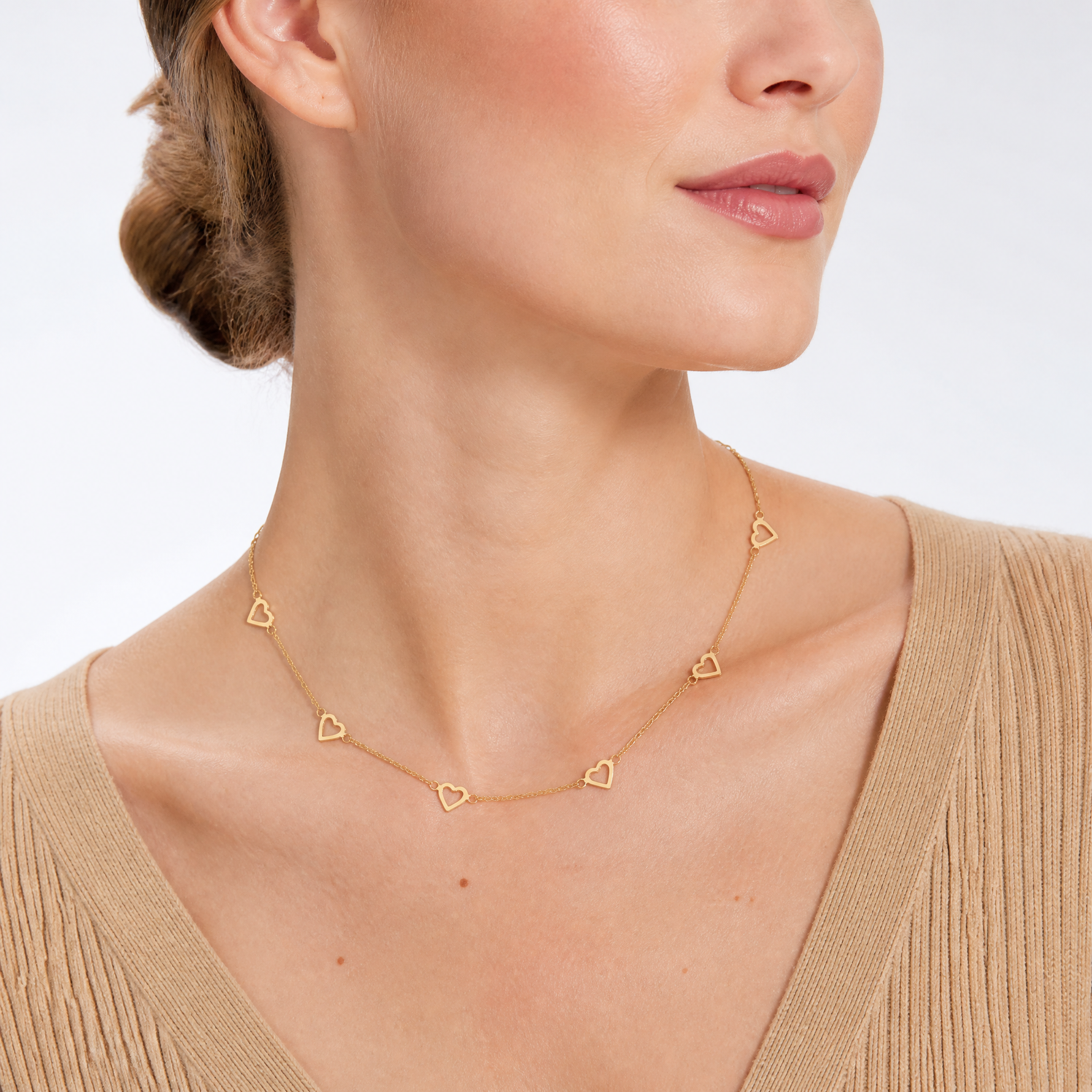 14k Polished Open Hearts on Heart Link 16in Necklace - Model Shot