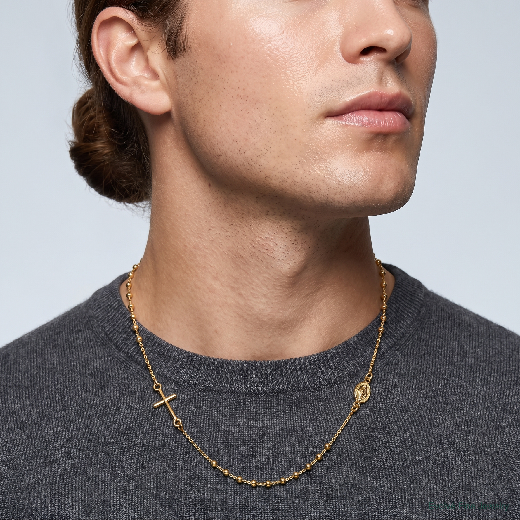 14k Polished Cross Rosary 16 inch Necklace - Model Shot