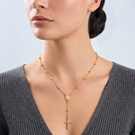 14k Polished Rosary 24 inch Necklace - Model Shot