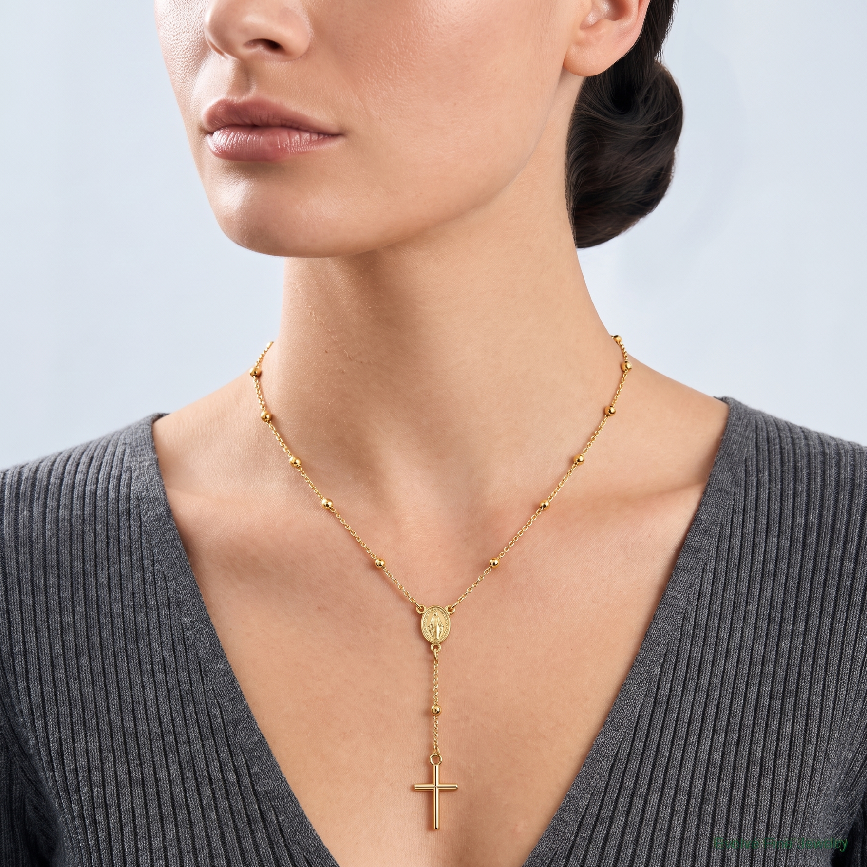 14k Polished Rosary 24 inch Necklace - Model Shot