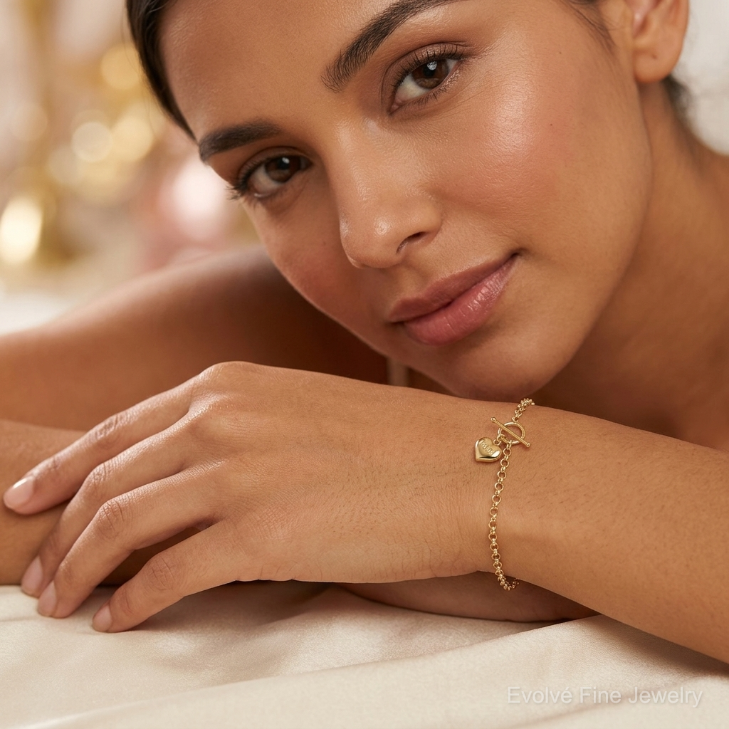 14k Puffed Mom Heart Toggle Bracelet - Model Shot