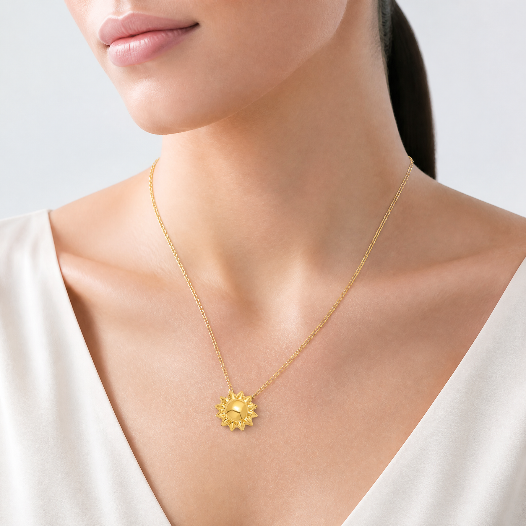 14k Polished Puffed Sun 16.5in Necklace - Model Shot
