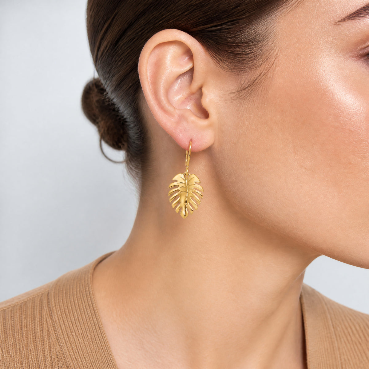 14K Polished Palm Leaf Dangle Earrings - Model Shot