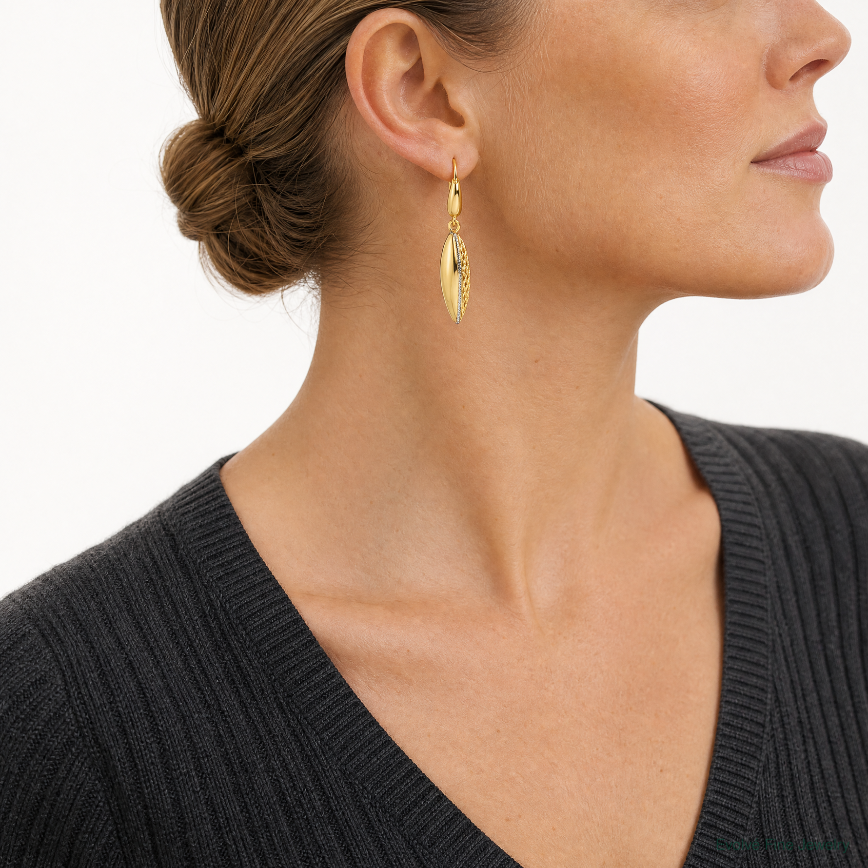 14K Two-tone Polished D/C Hollow Teardrop Criss Cross Leverback Earrings - Model Shot