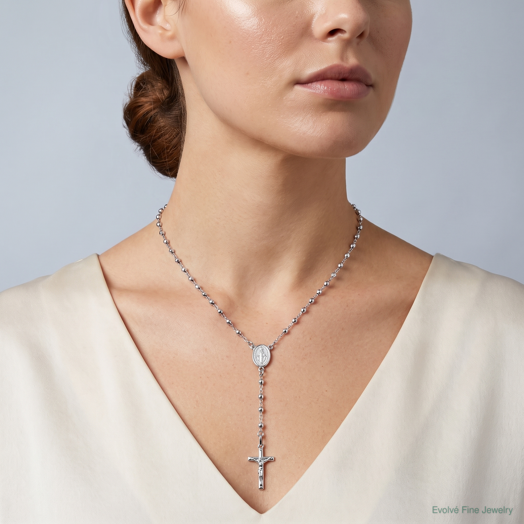 14K White Gold Polished Faceted Beads Rosary 18 inch Necklace - Model Shot