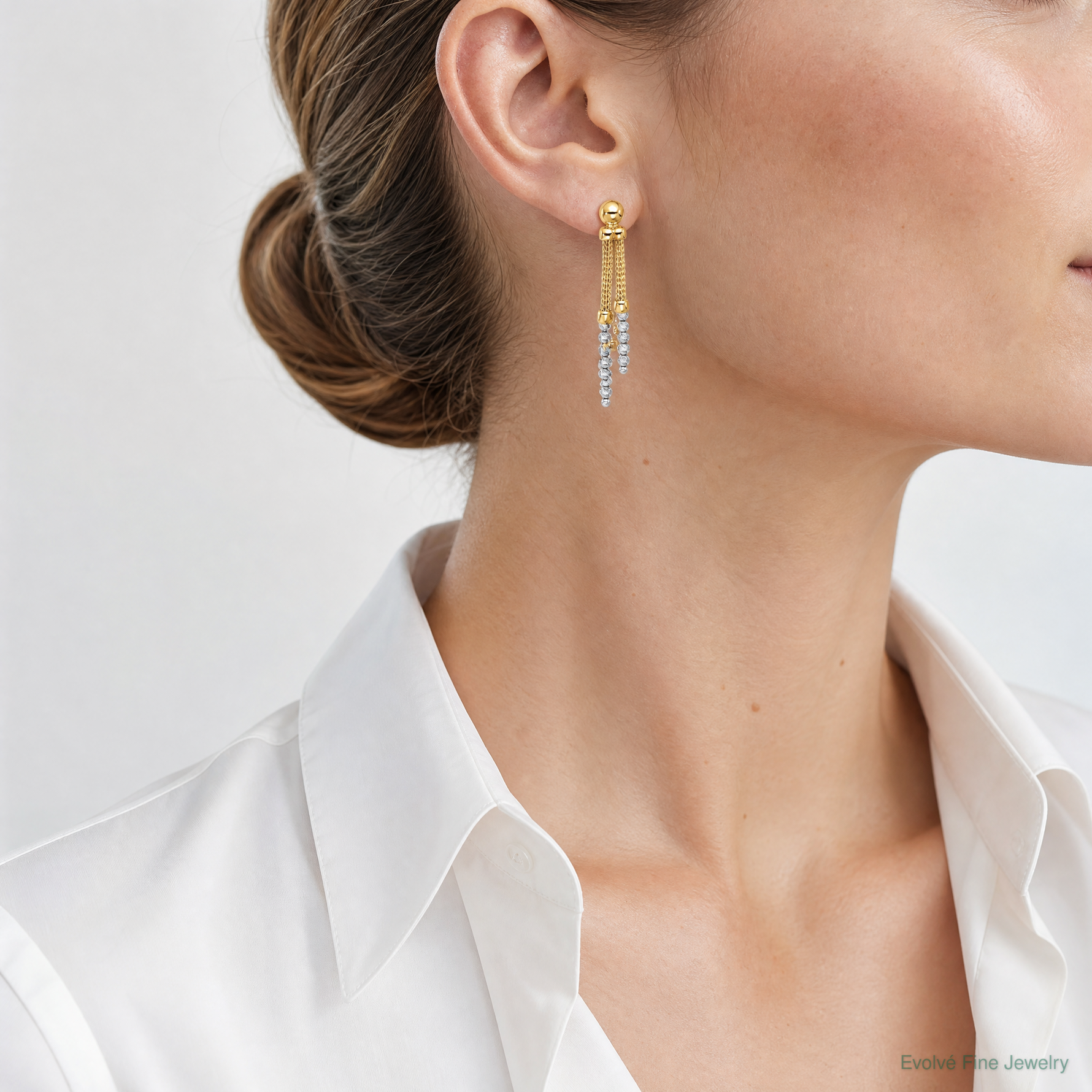 14K Two-tone Polished and Diamond-cut Beaded Dangle Post Earrings - Model Shot