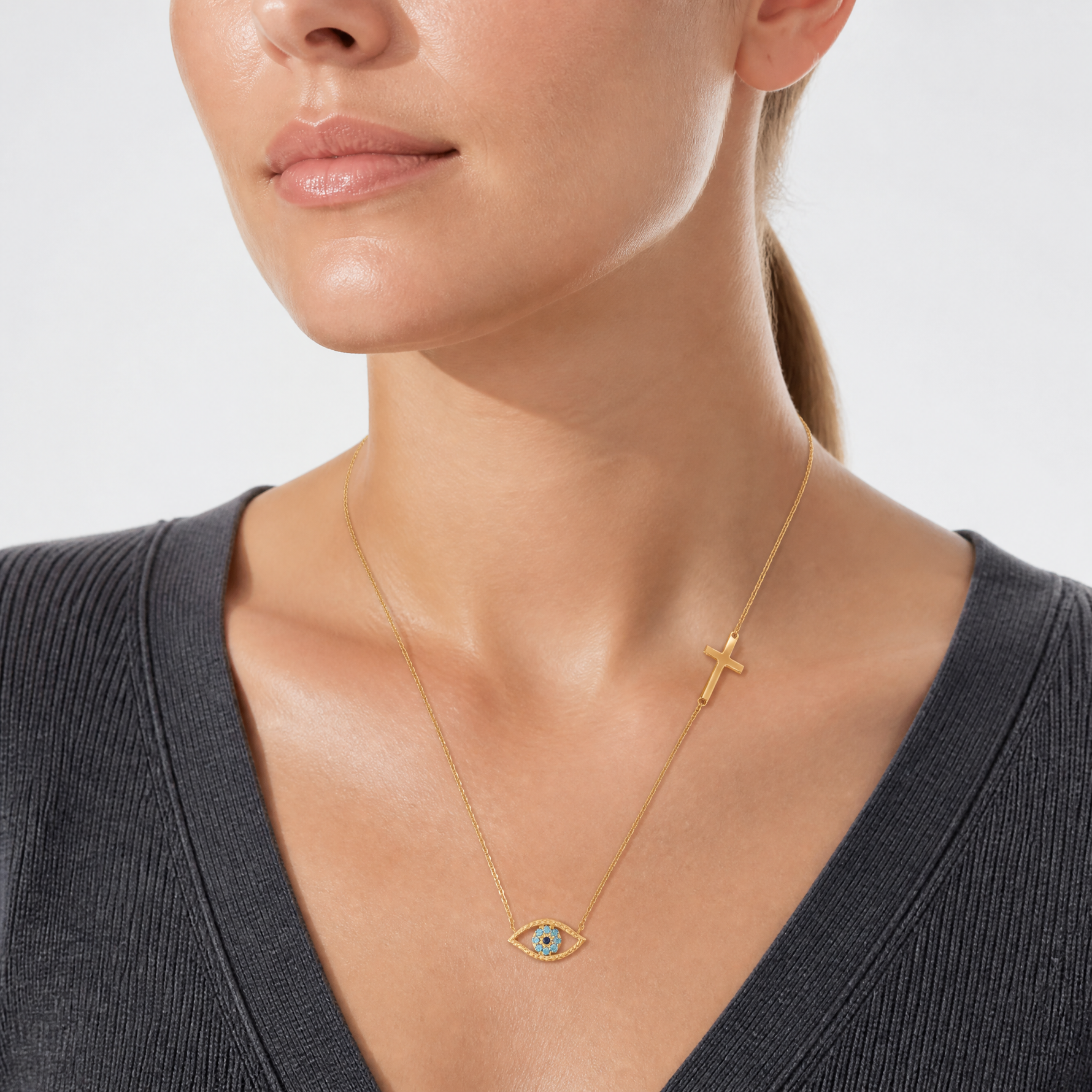 14K Polished CZ Evil Eye and Cross 18in with 2in ext. Necklace - Model Shot