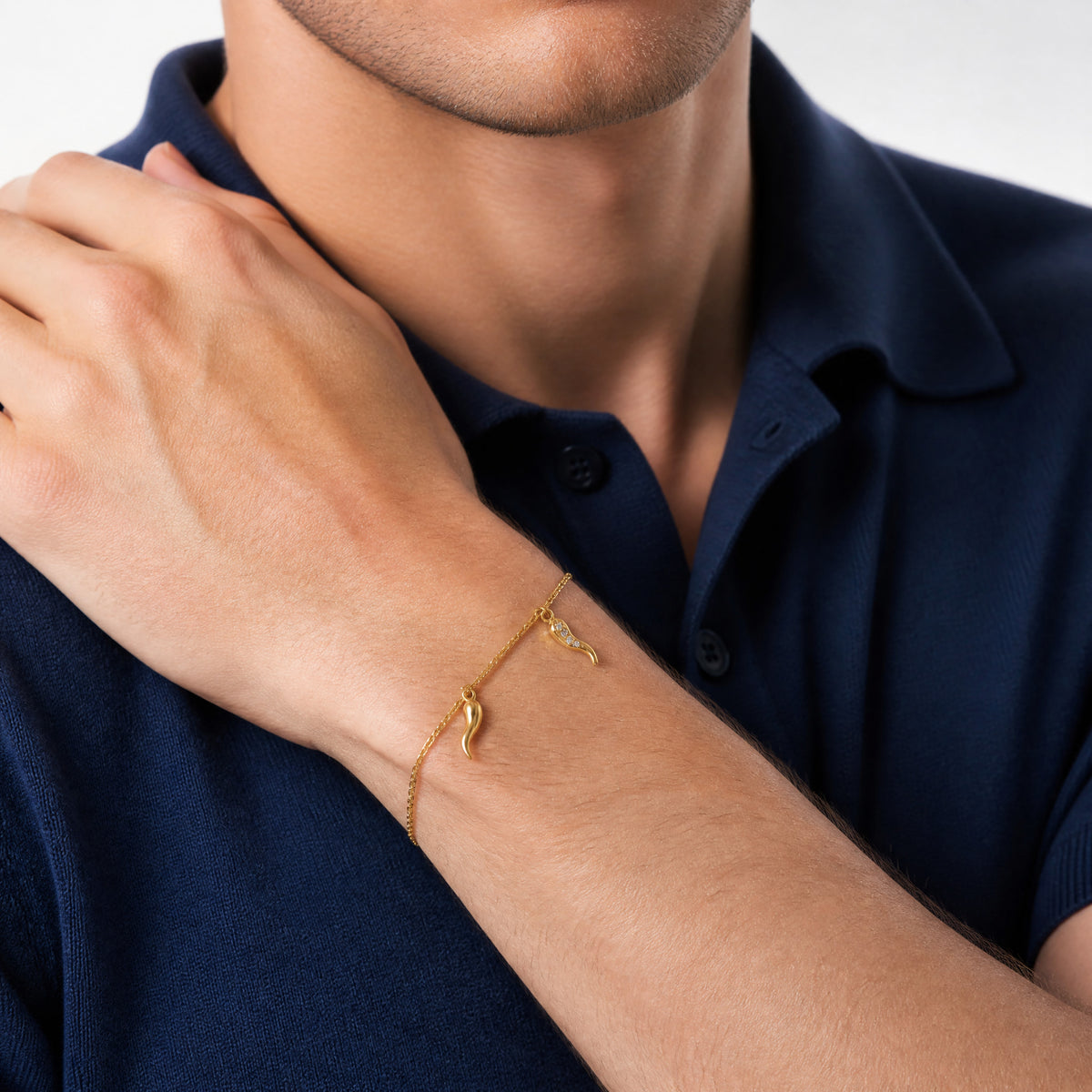 14k Polished CZ Italian Horns w/.75in Ext Bracelet - Model Shot