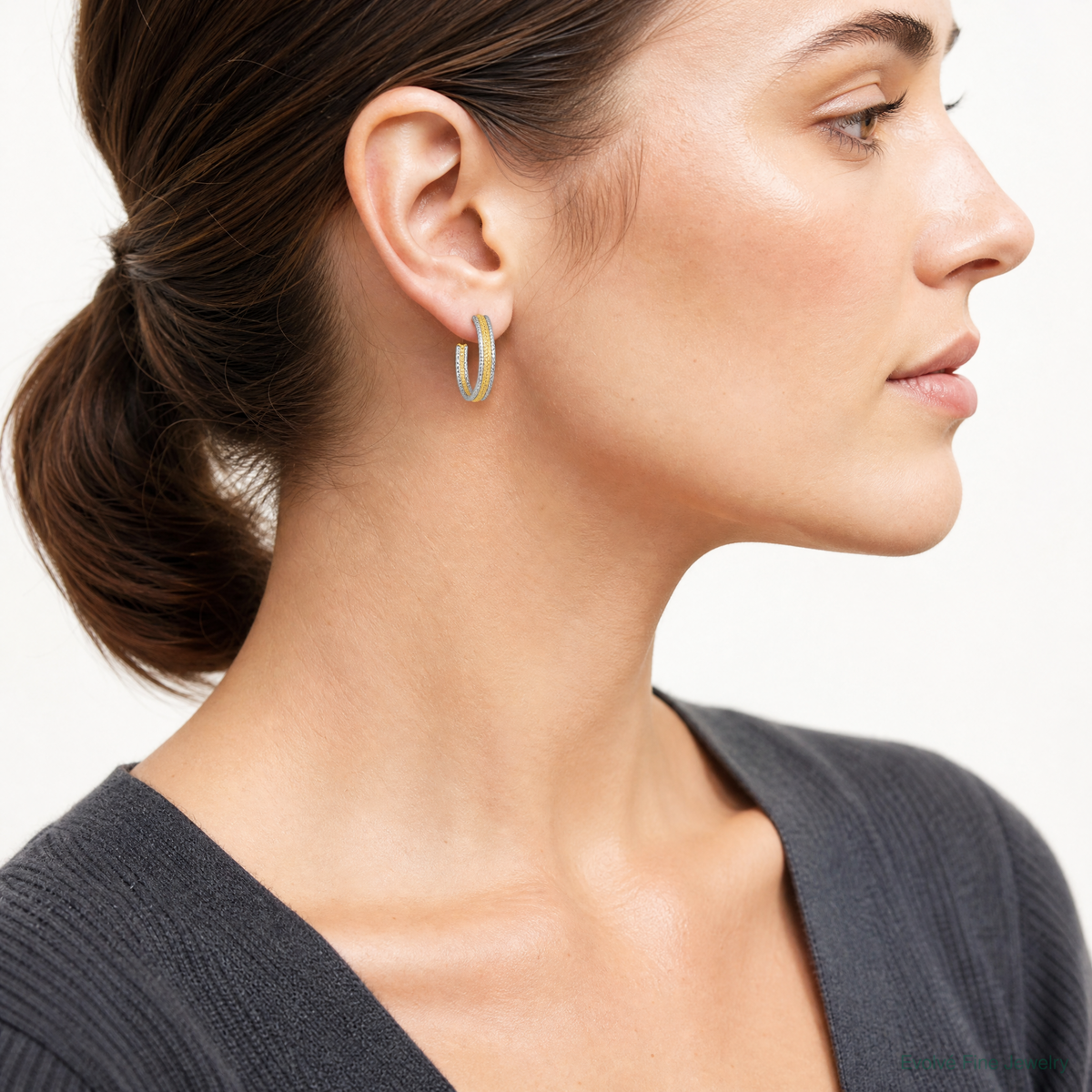 14k Two-Tone Textured Woven 4mm J-Hoop Post Earrings - Model Shot