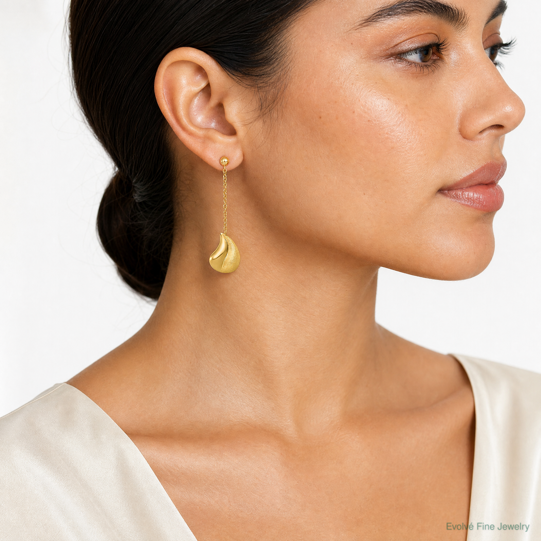 14k Polished And Brushed Curved Teardrop Dangle Post Earrings - Model Shot