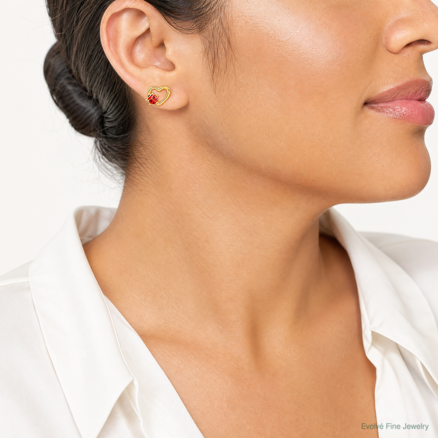 14K Polished Heart with Enameled Lady Bug Post Earrings - Model Shot