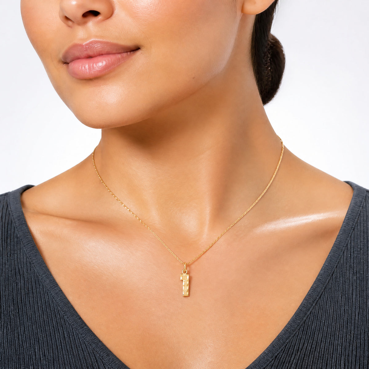14k Small Brushed Diamond-cut Number 1 Charm - Model Shot