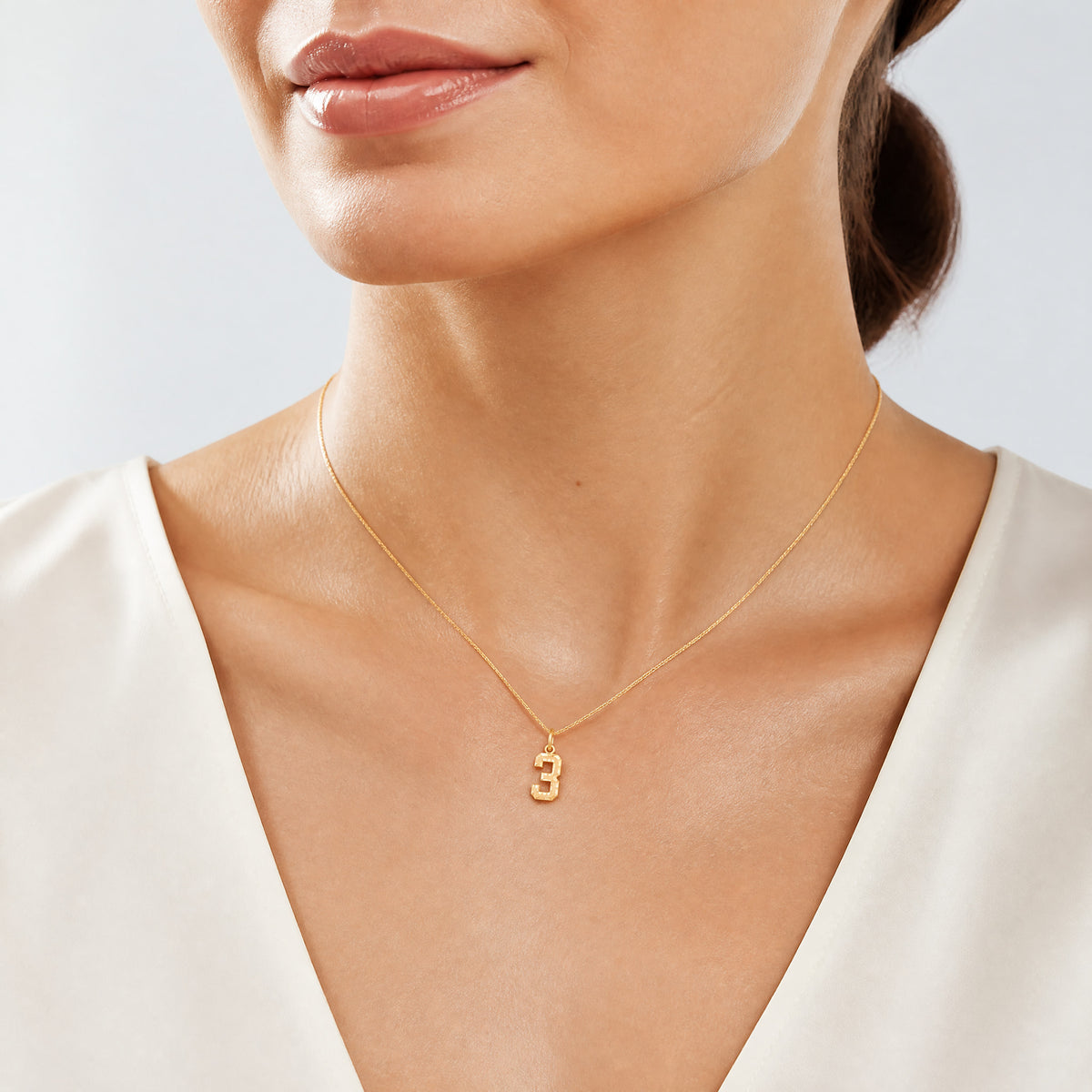 14k Small Brushed Diamond-cut Number 3 Charm - Model Shot