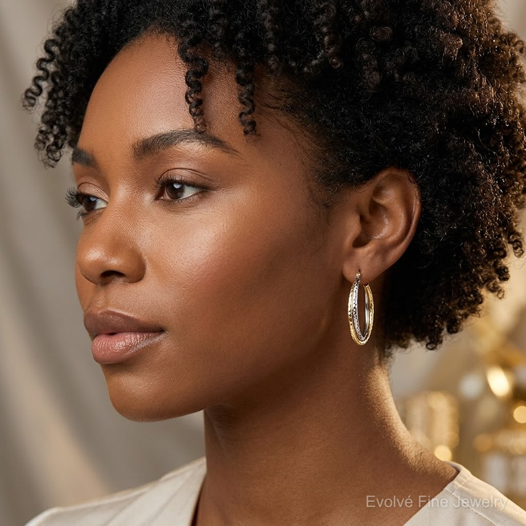 Leslie's 10K Two-tone Textured Hinged Hoop Earrings - Model Shot