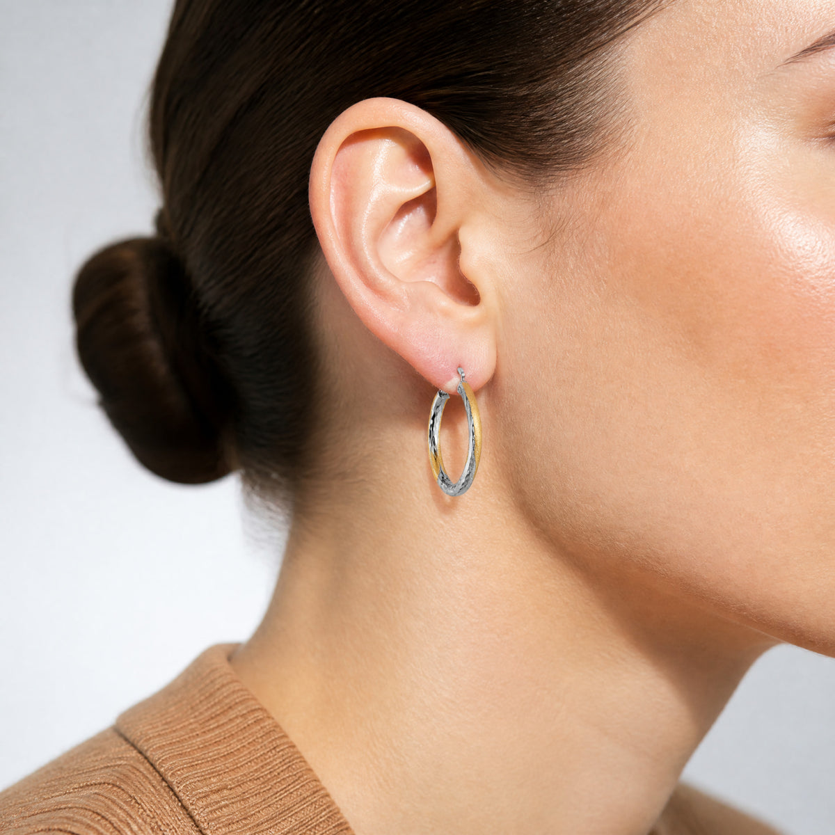 14k & Rhodium Diamond-cut 2.5mm Twisted Hoop Earrings - Model Shot