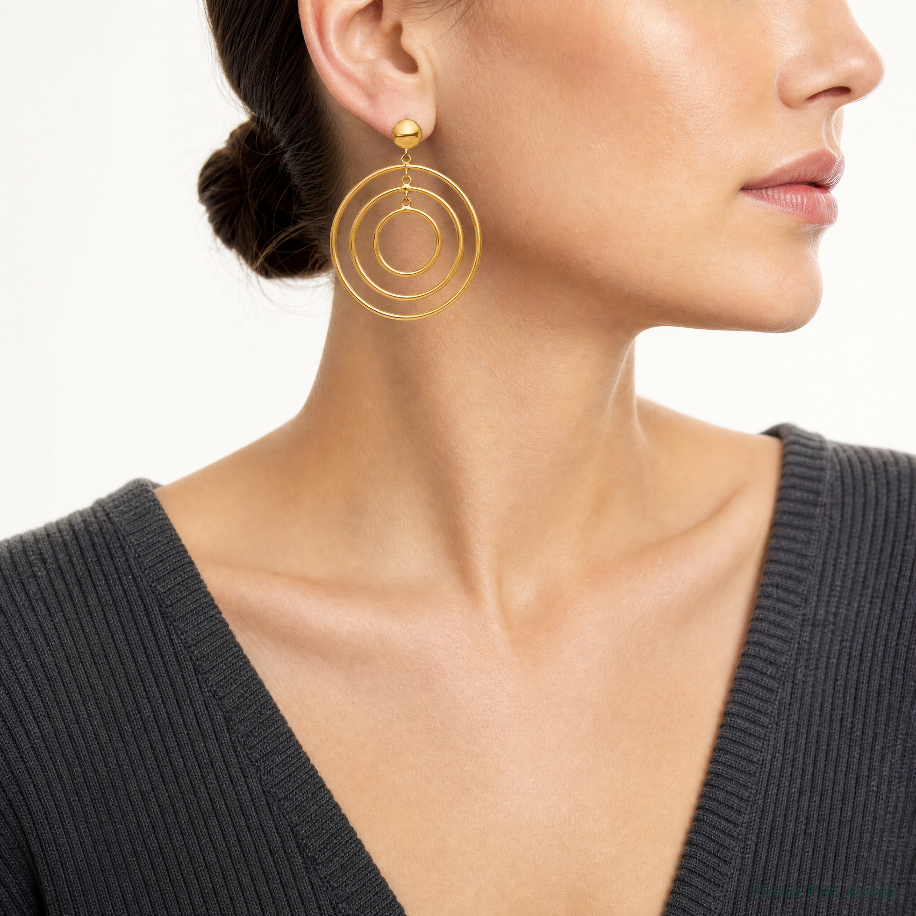 14k Fancy Circle Dangle Post Earrings - Model Shot