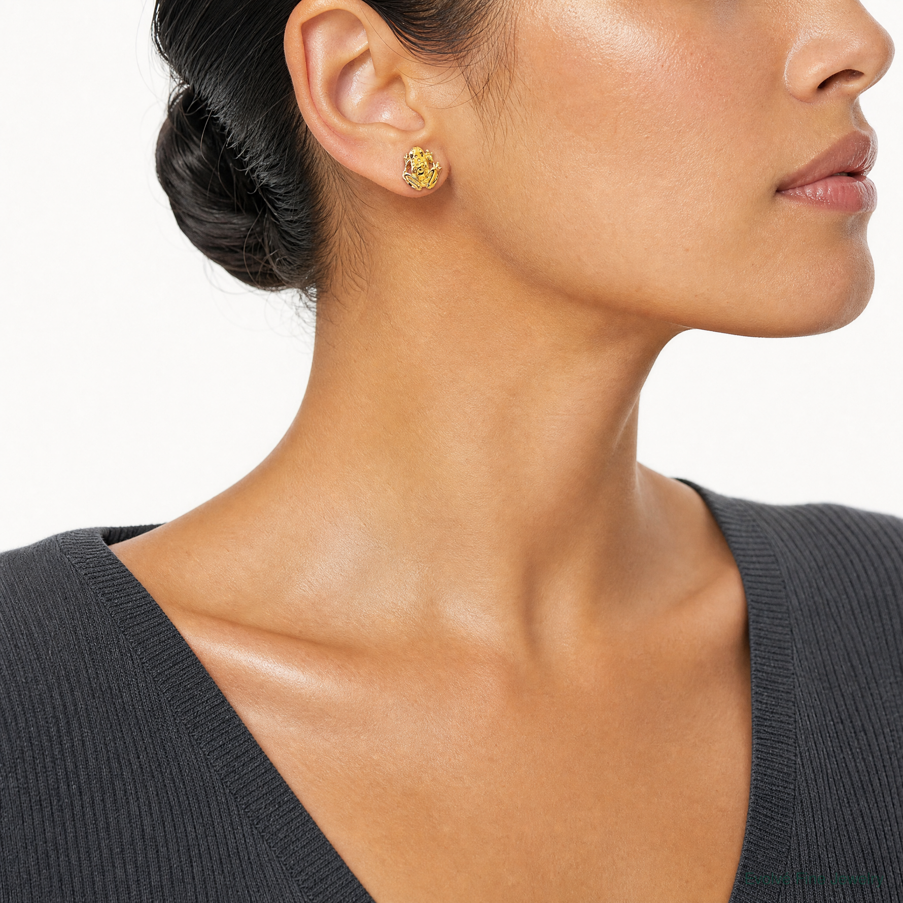 14k Mini Frog Post Earrings - Model Shot