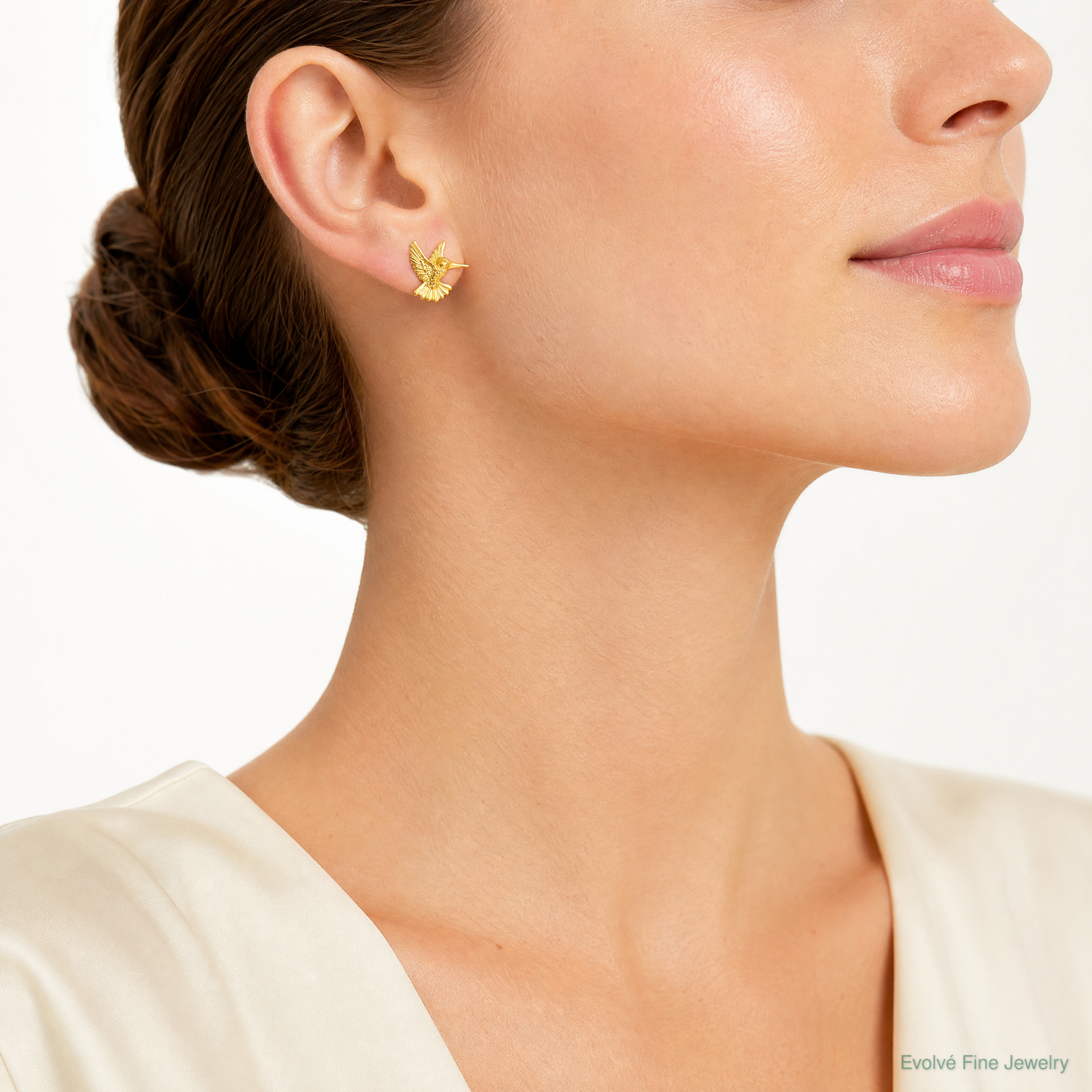 14k Hummingbird Post Earrings - Model Shot
