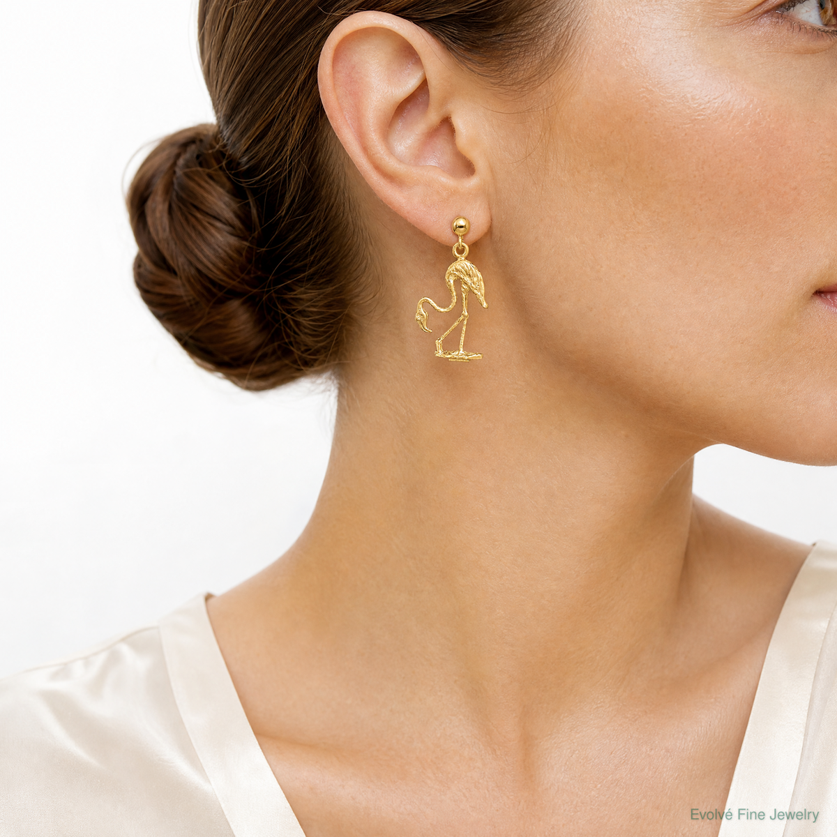 14K 3-D Flamingo Dangle Earrings - Model Shot